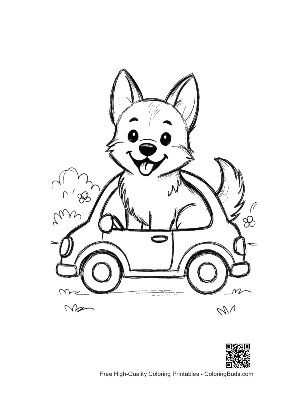 Adorable German Shepherd puppy driving car printable