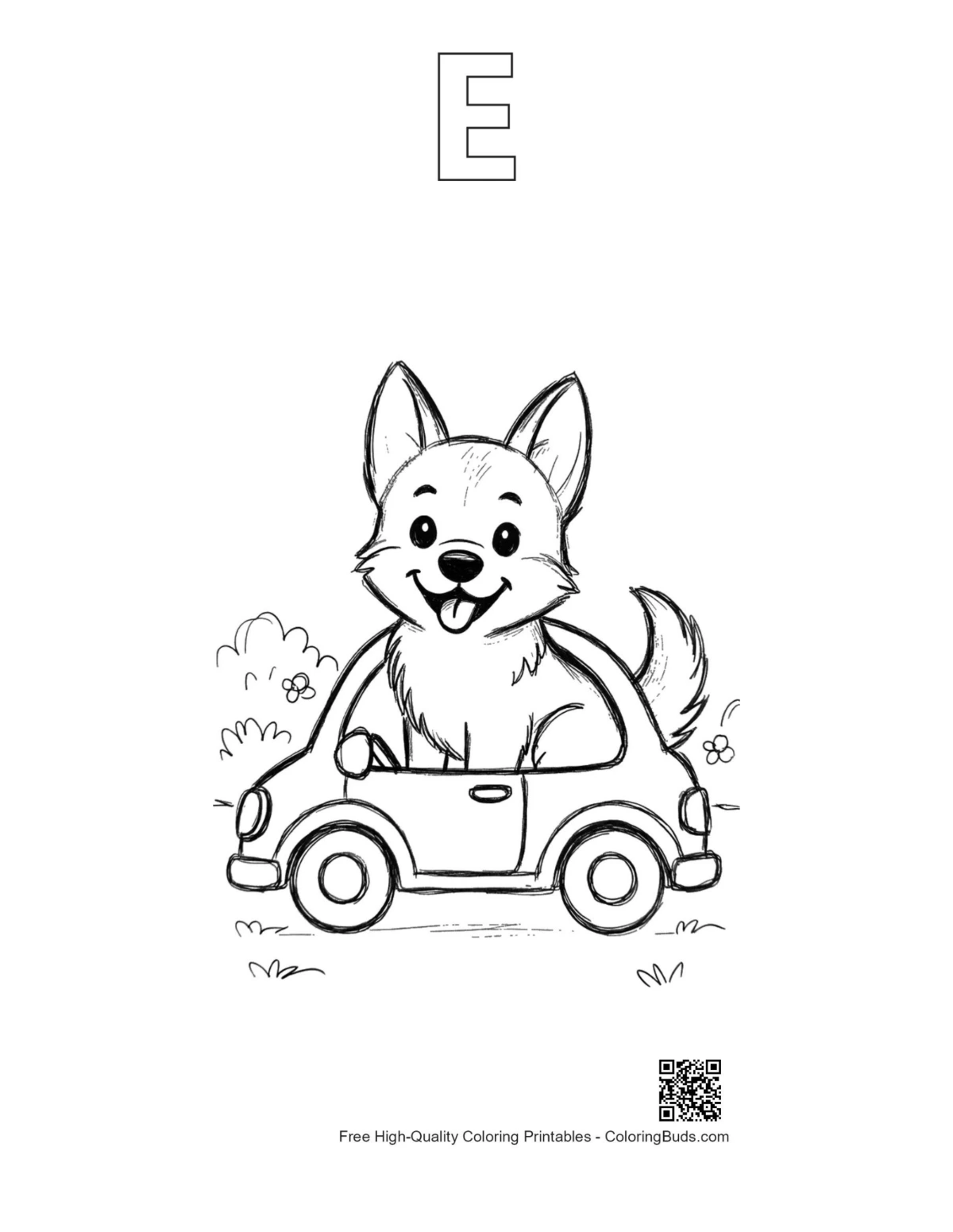 Puppy car driver printable with alphabet E outline