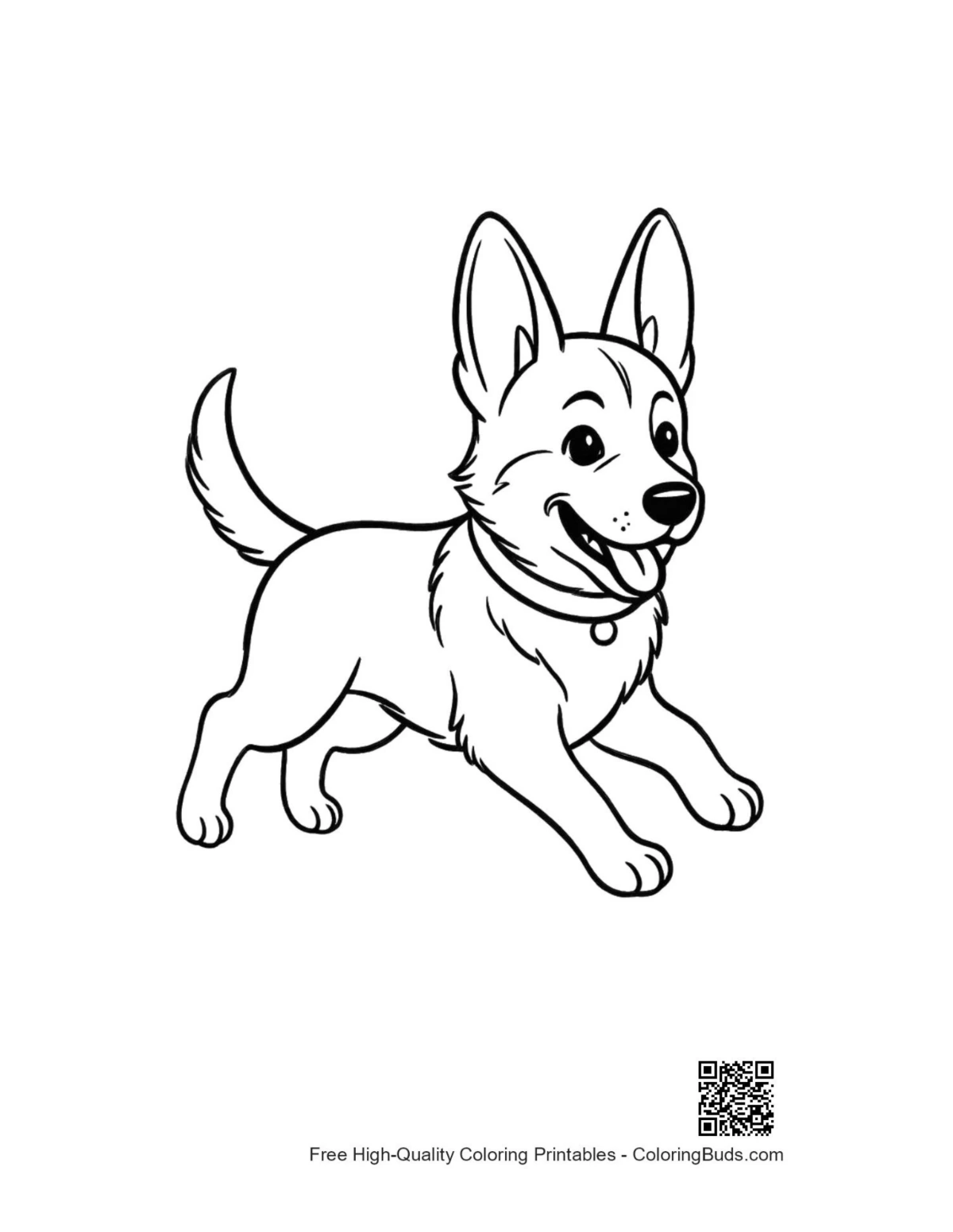 Adorable German Shepherd puppy running printable coloring page