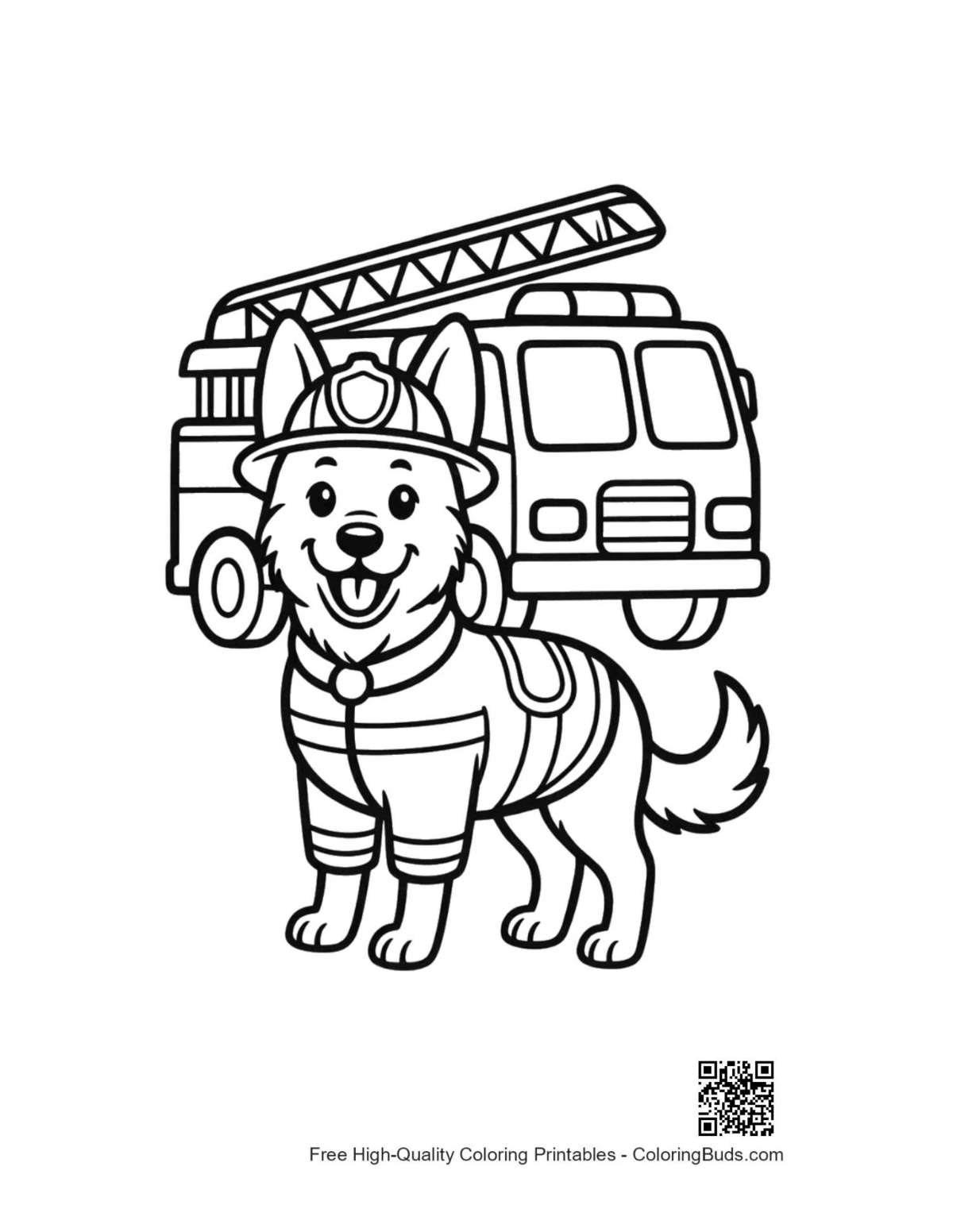 Brave German Shepherd puppy by fire truck coloring page