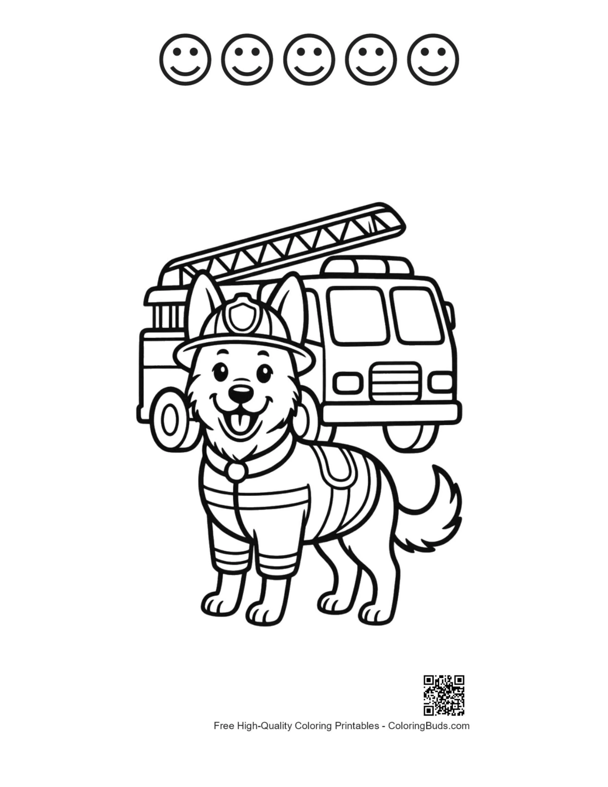 Fire truck puppy coloring with 5 happy faces