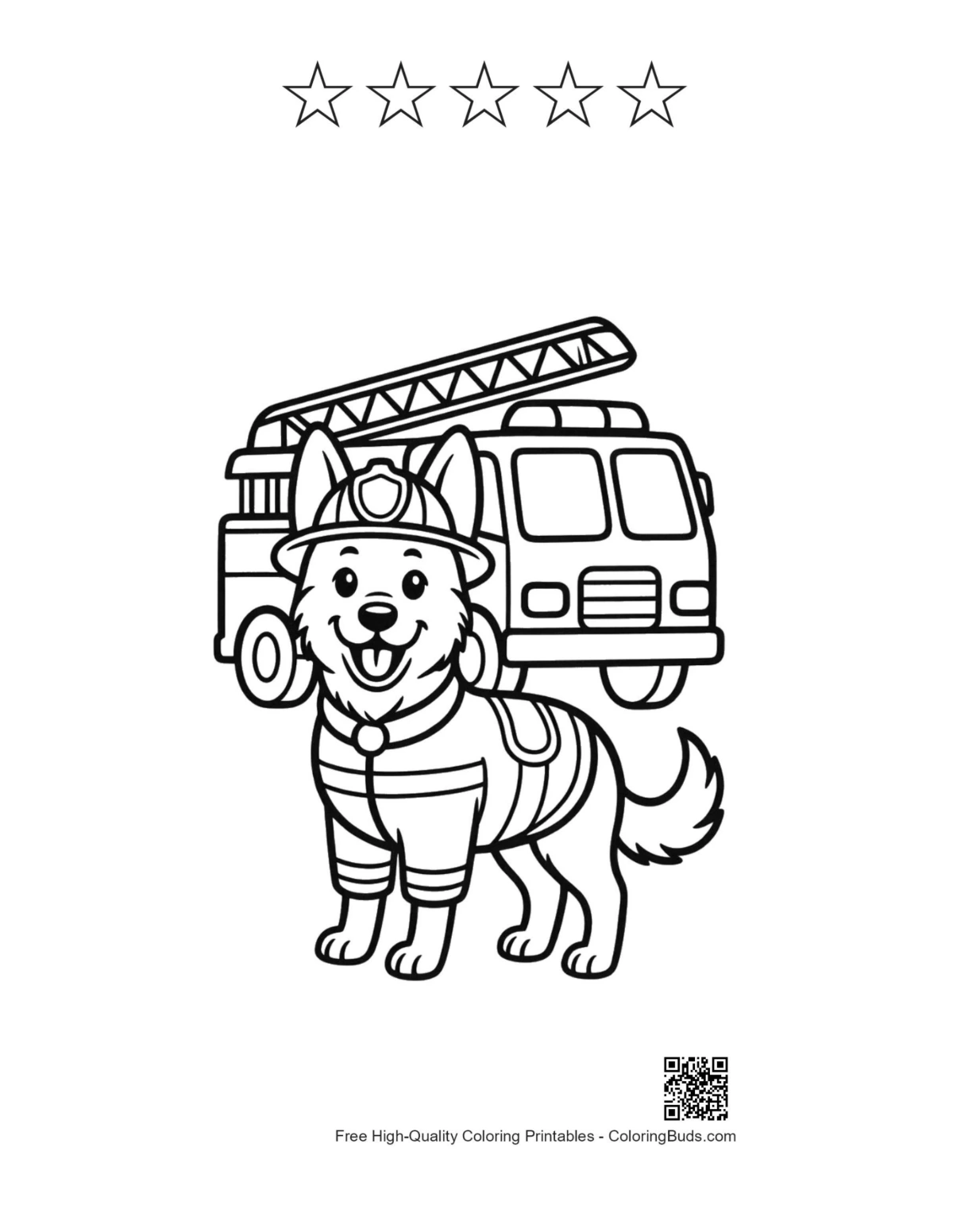 Puppy fire truck printable with 5 star outlines