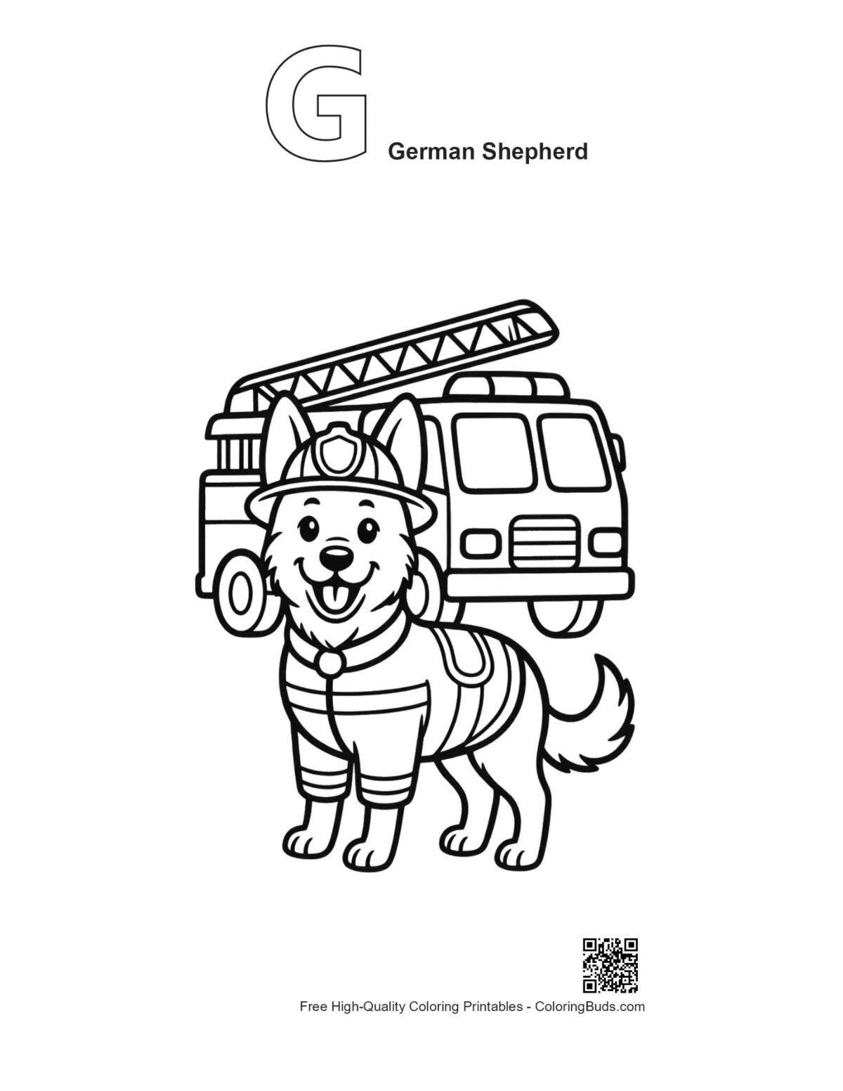 German Shepherd puppy fire truck with G alphabet outline