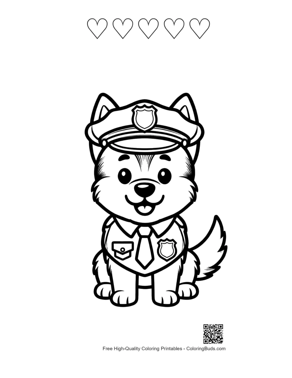 Police puppy printable with 5 hearts