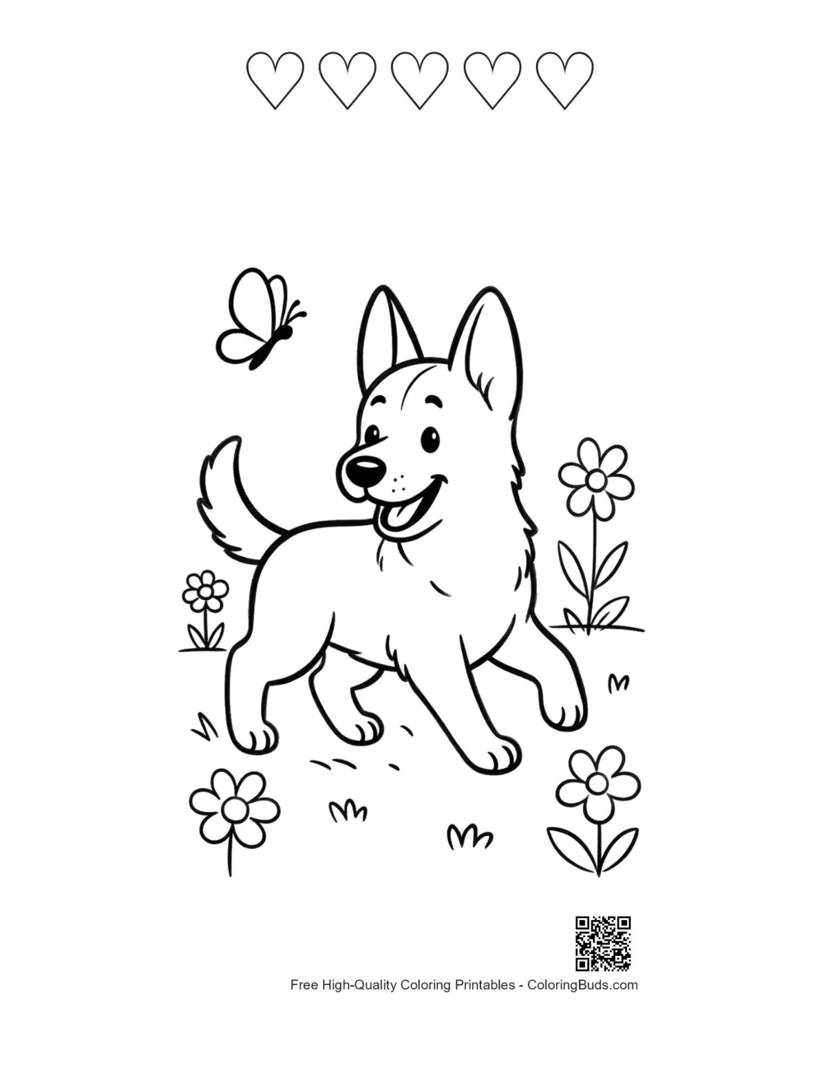 Cute German Shepherd with 5 hearts printable