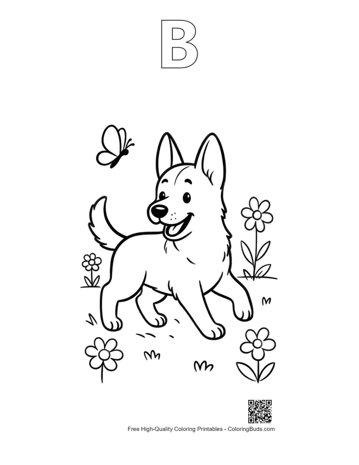 Cute German Shepherd alphabet B outline printable