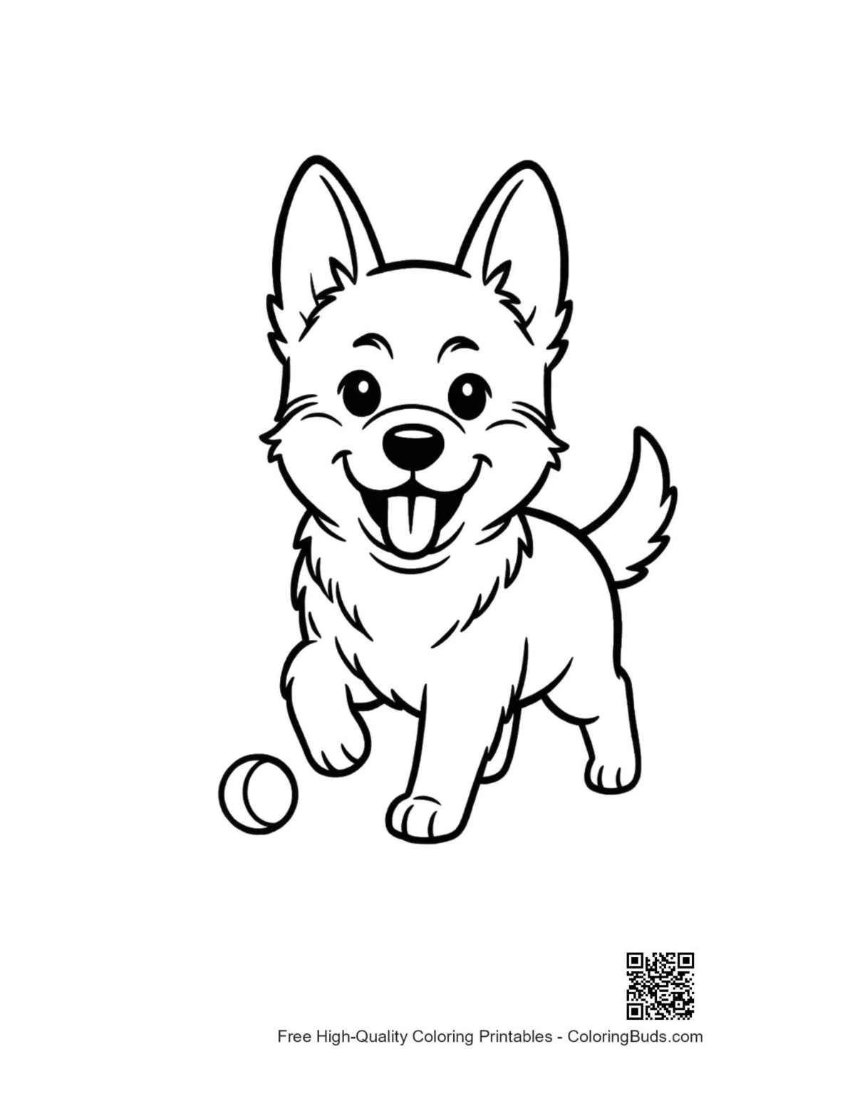 Cute German Shepherd puppy chasing bouncy ball coloring page