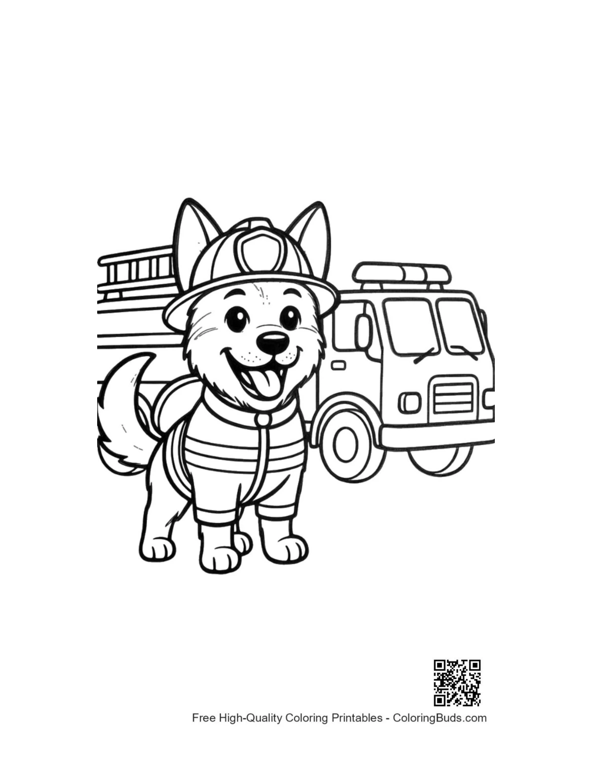 Cute German Shepherd puppy fire captain uniform coloring page