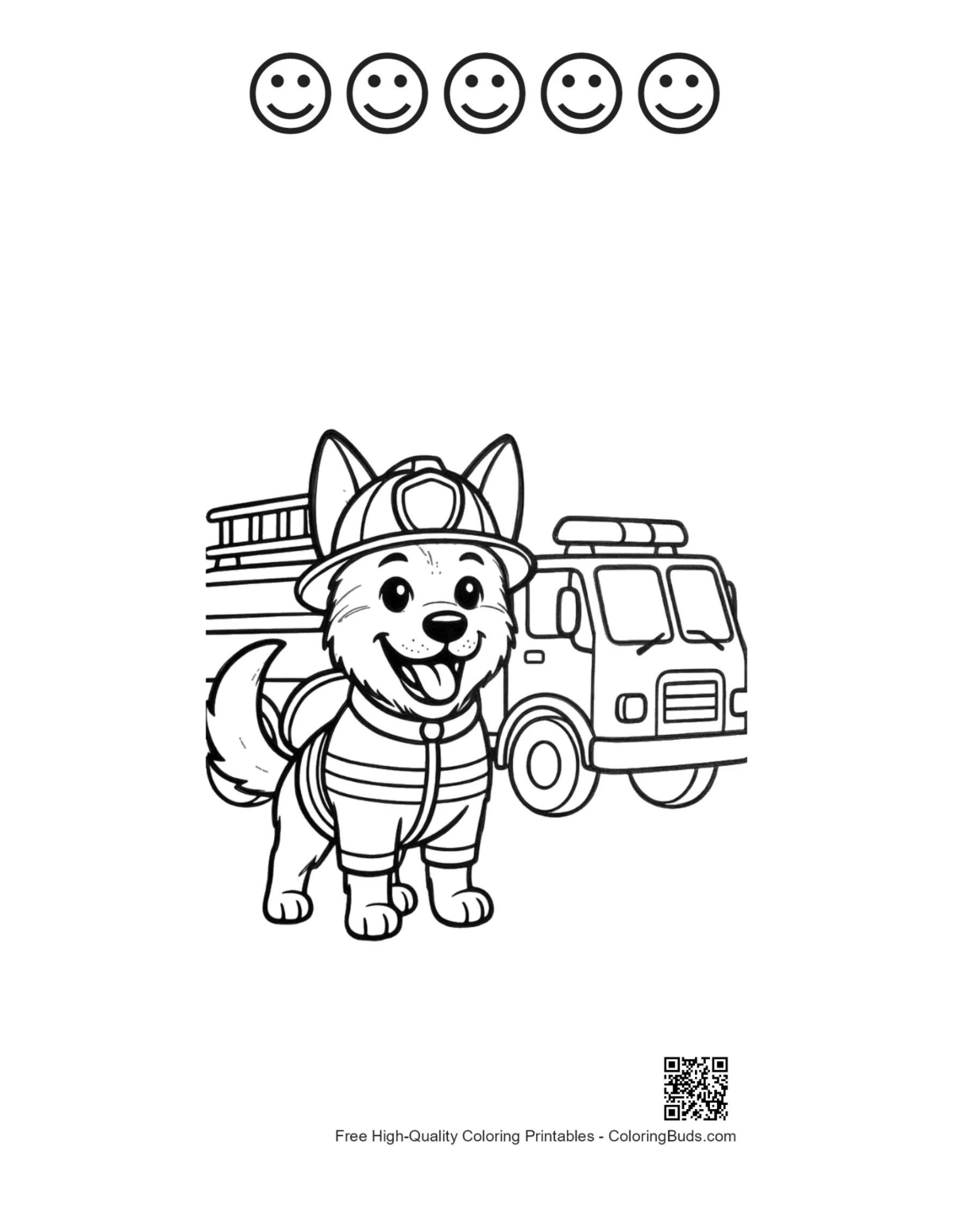 German Shepherd puppy fire captain 5 happy faces outline page