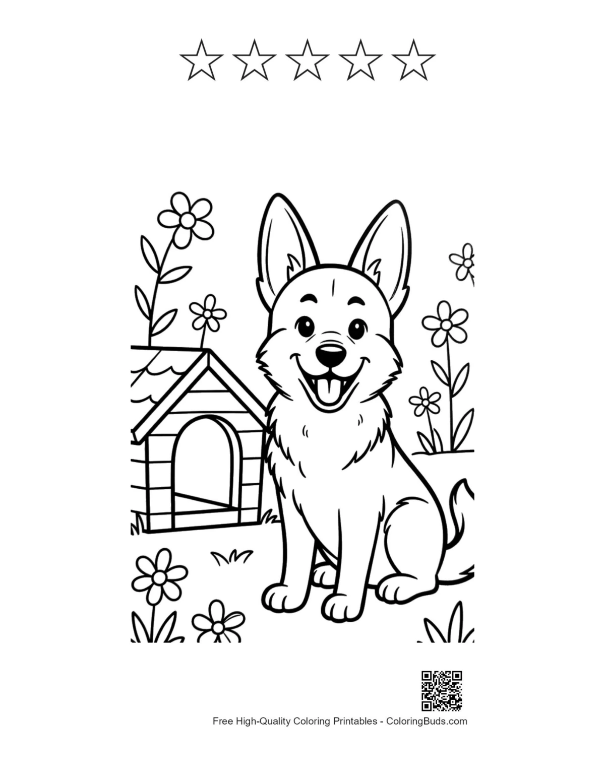 Cute German Shepherd with 5 stars coloring page