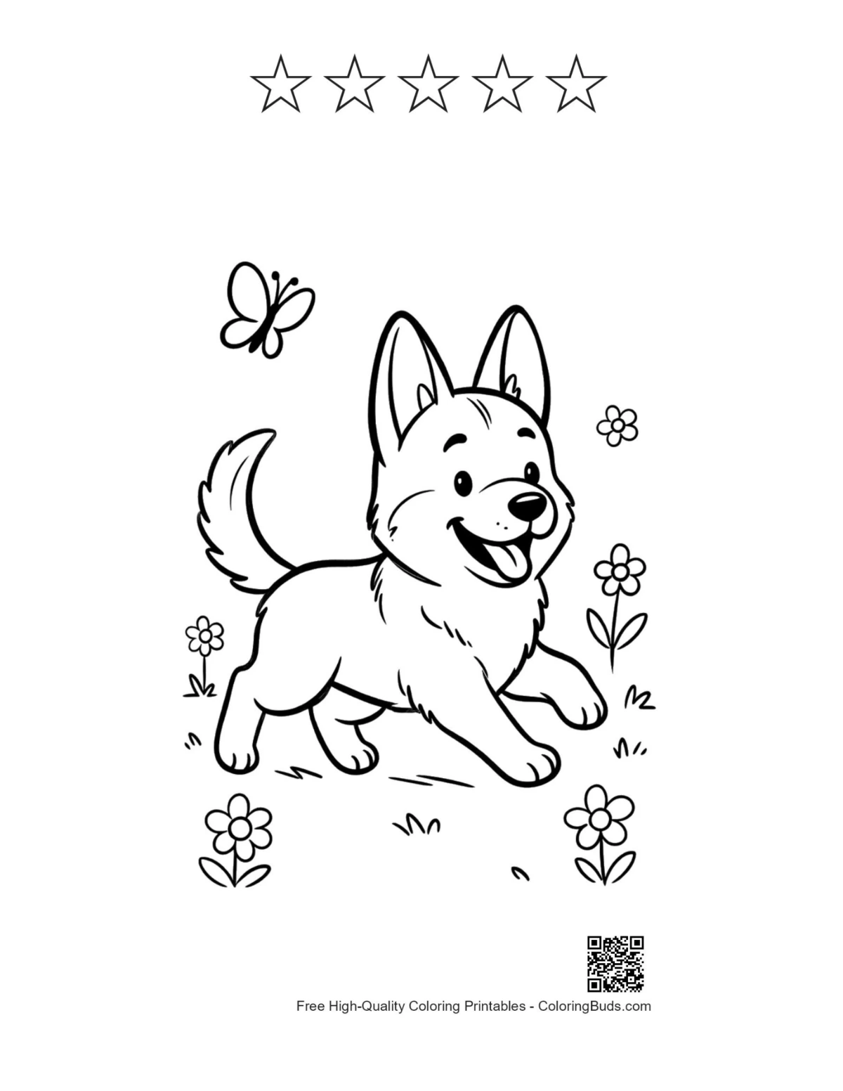 Německý ovčák tištitelný s 5 hvězdičkovými obrysy pro děti