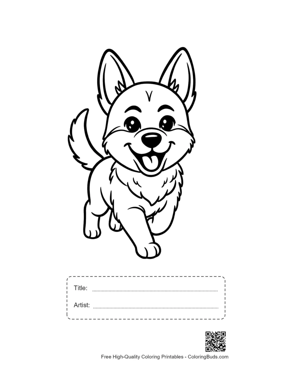 German Shepherd coloring sheet with title box