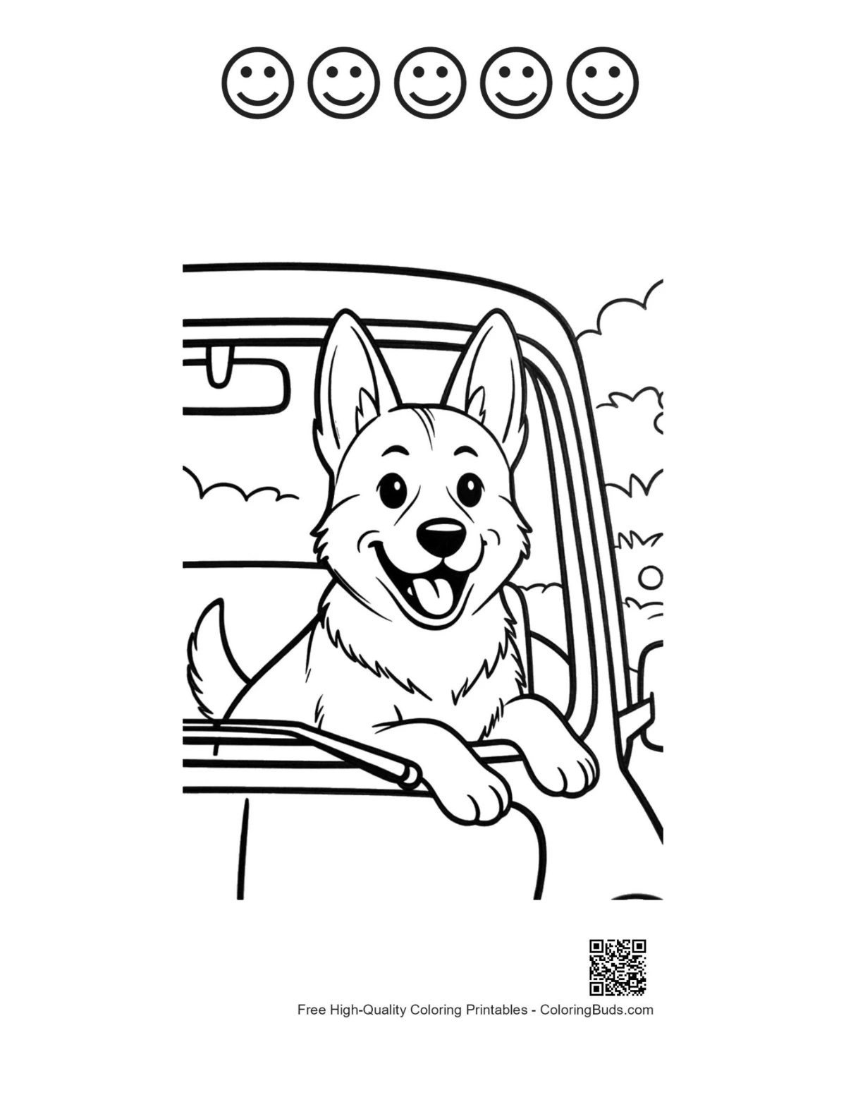 German Shepherd printable featuring five happy faces outlines