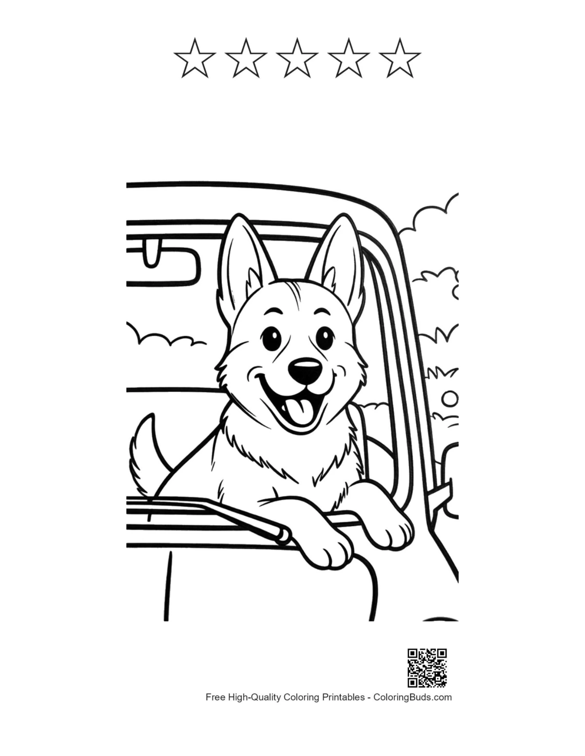 German Shepherd with five star outlines coloring printable