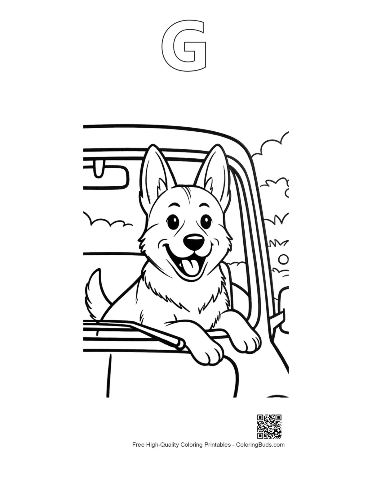 German Shepherd outline forming alphabet letter G printable