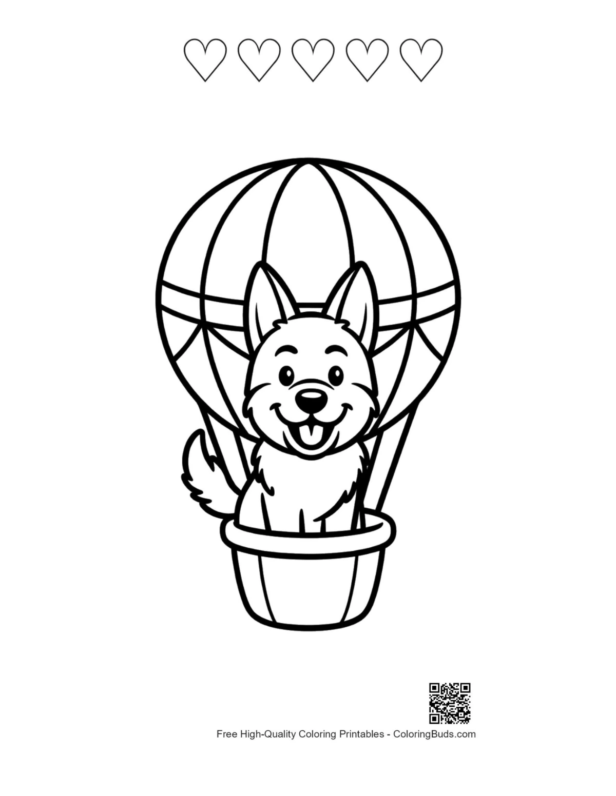 German Shepherd puppy balloon with 5-heart outline printable