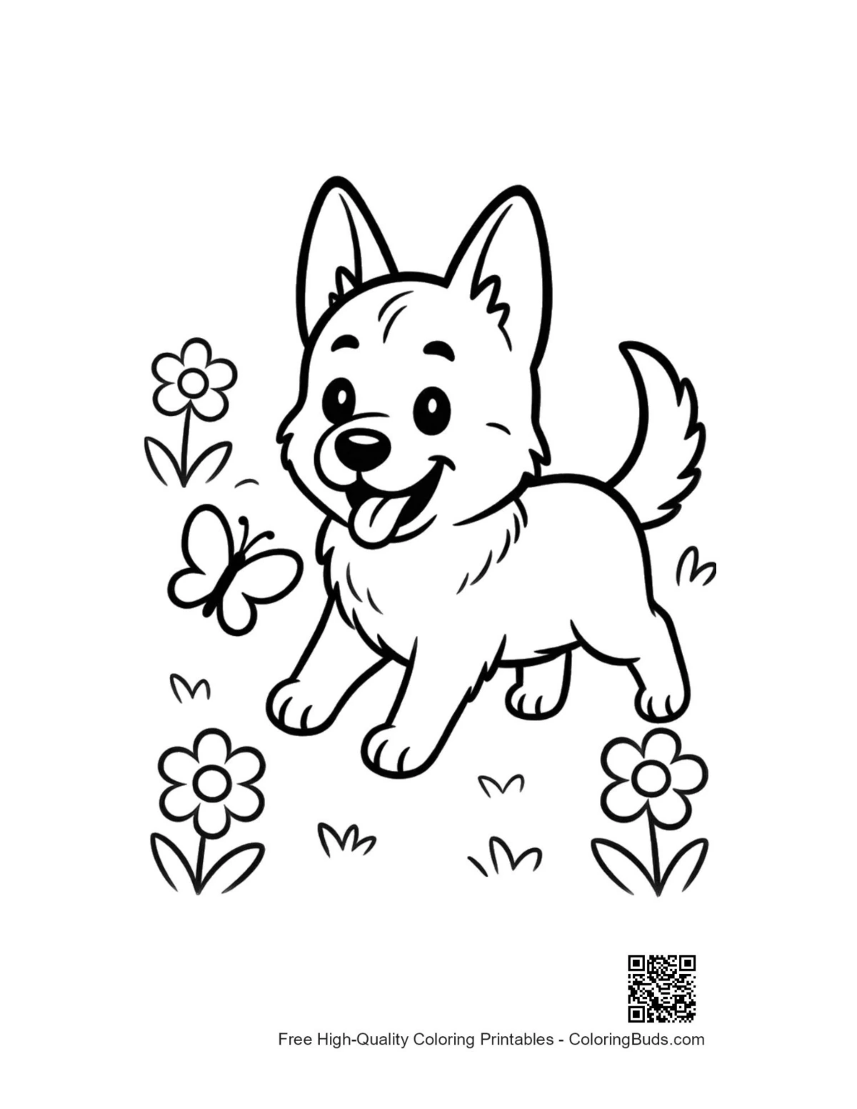 German Shepherd puppy garden butterflies coloring printable