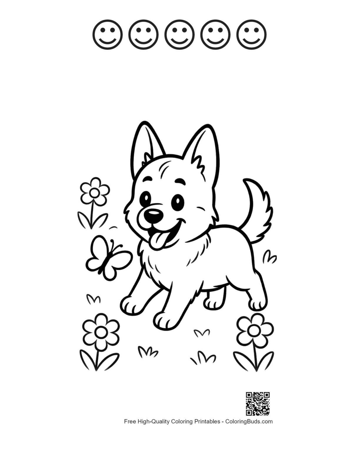 German Shepherd puppy 5 happy faces outline printable