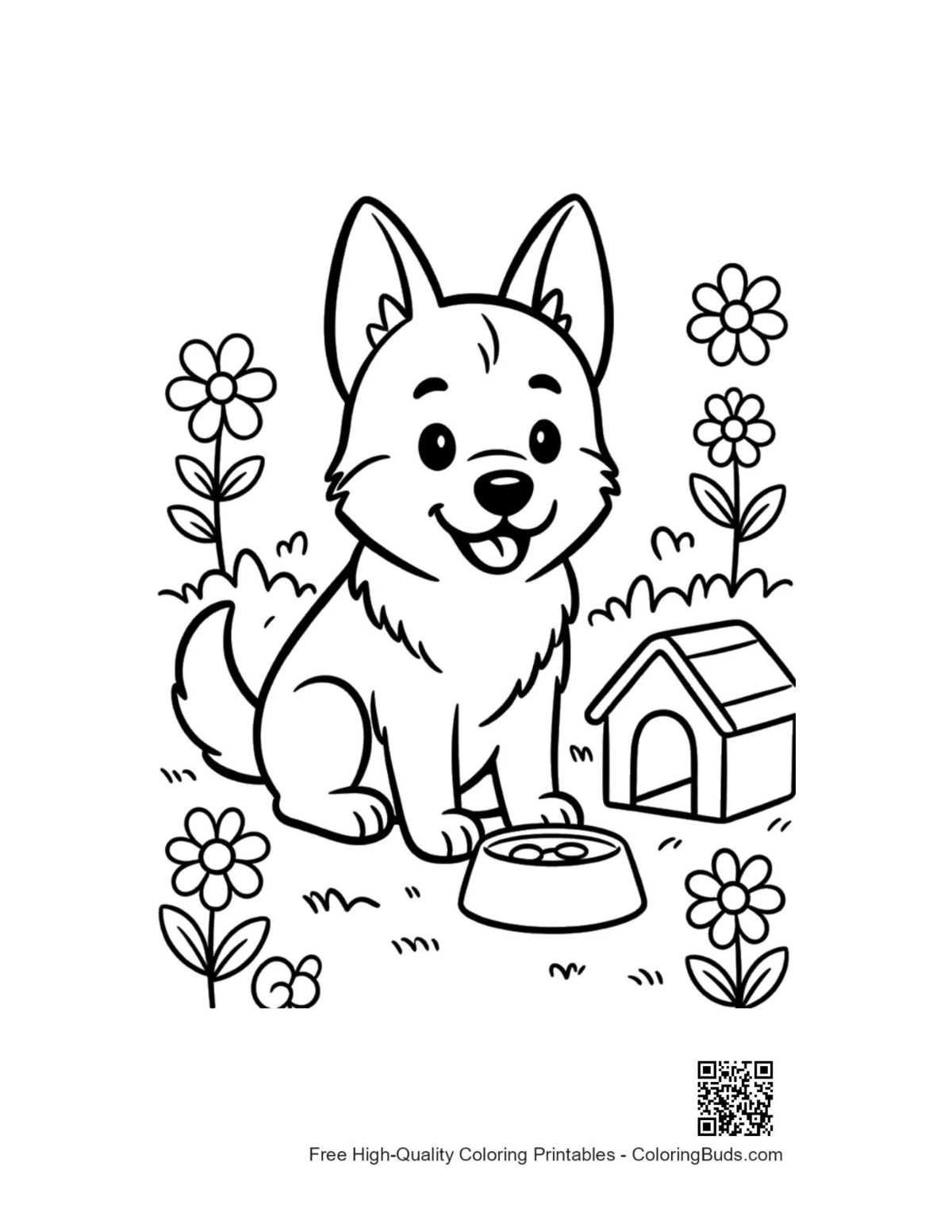 German Shepherd puppy flower meadow printable coloring page