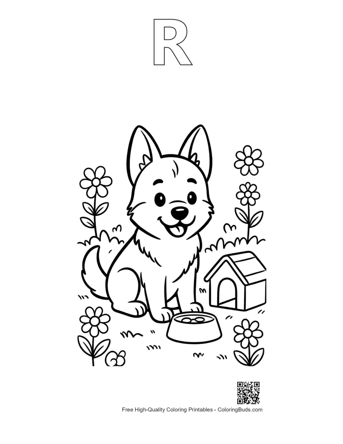 German Shepherd puppy meadow outline with alphabet R printable