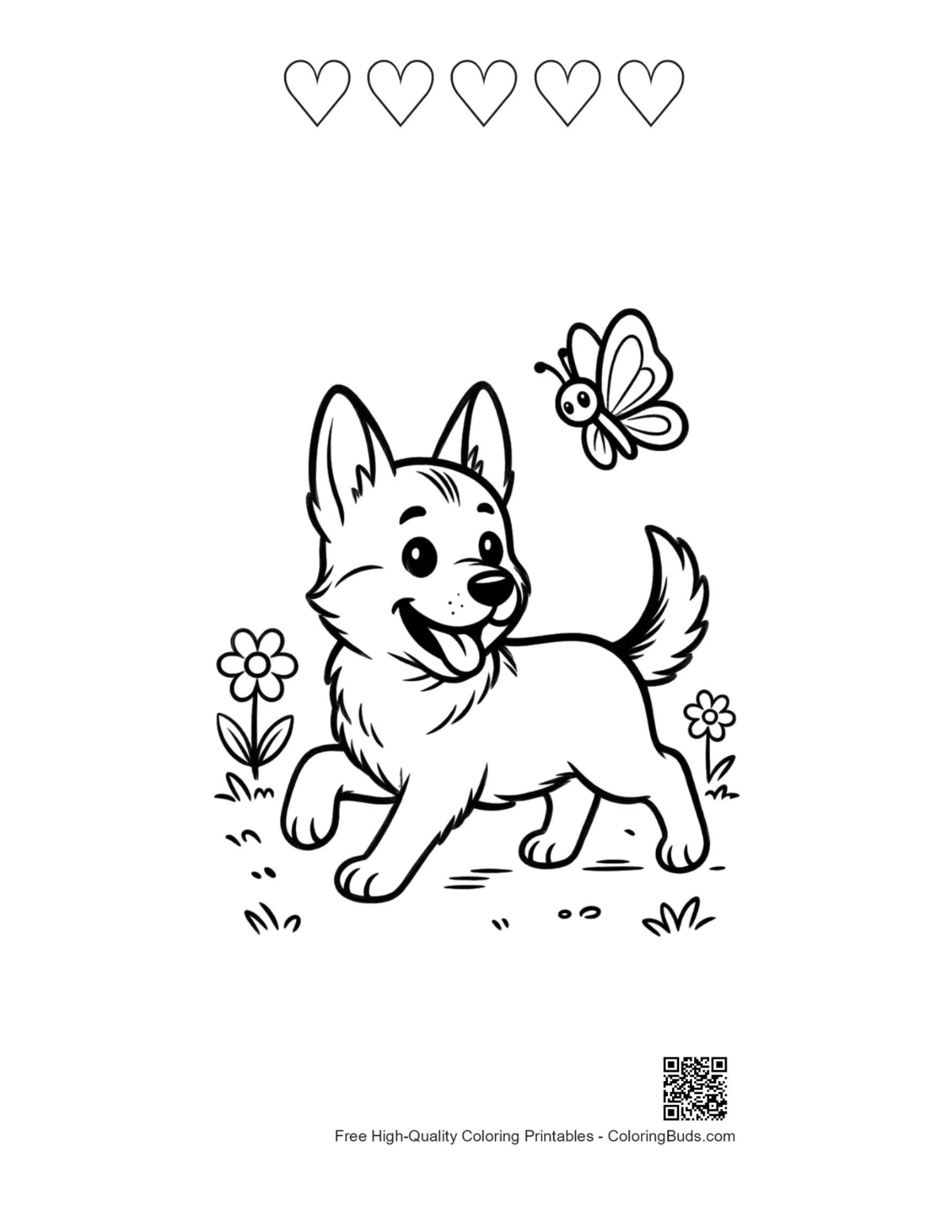 Deutscher Schäferhund Welpe Schmetterling Herzen druckbar Umriss