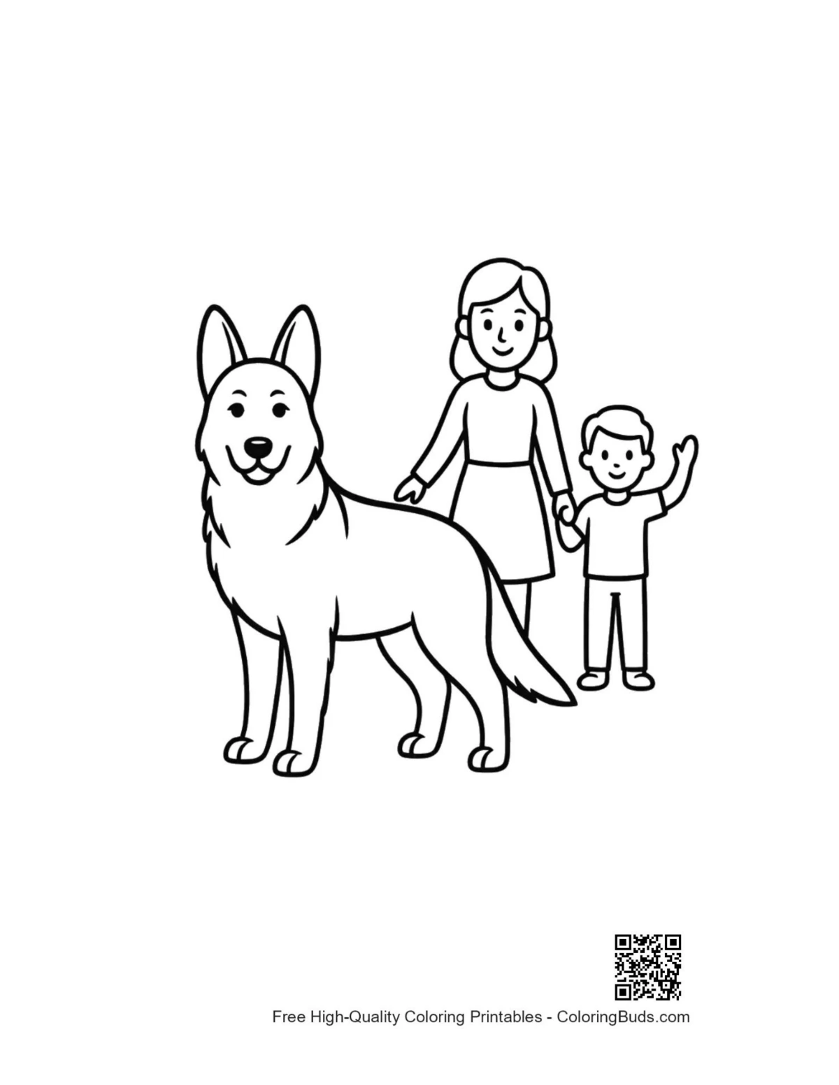 German Shepherd with mom and waving boy