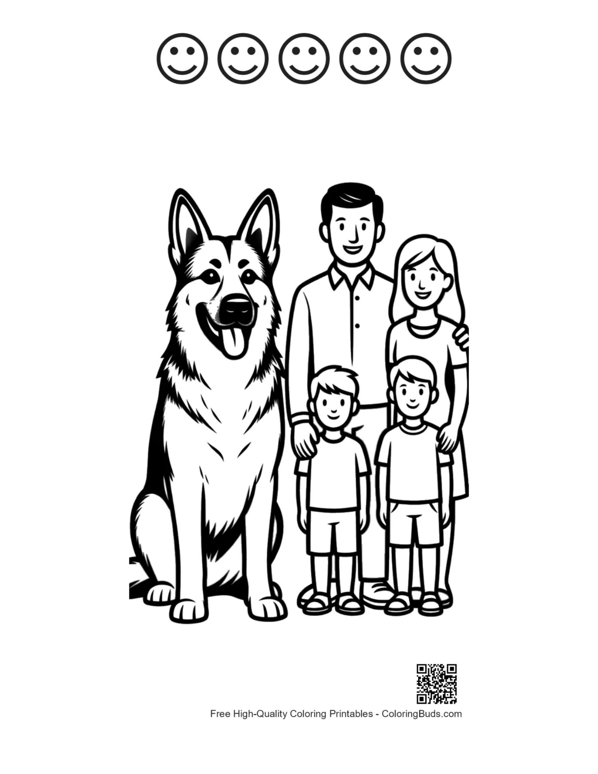 German Shepherd with 5 happy faces printable