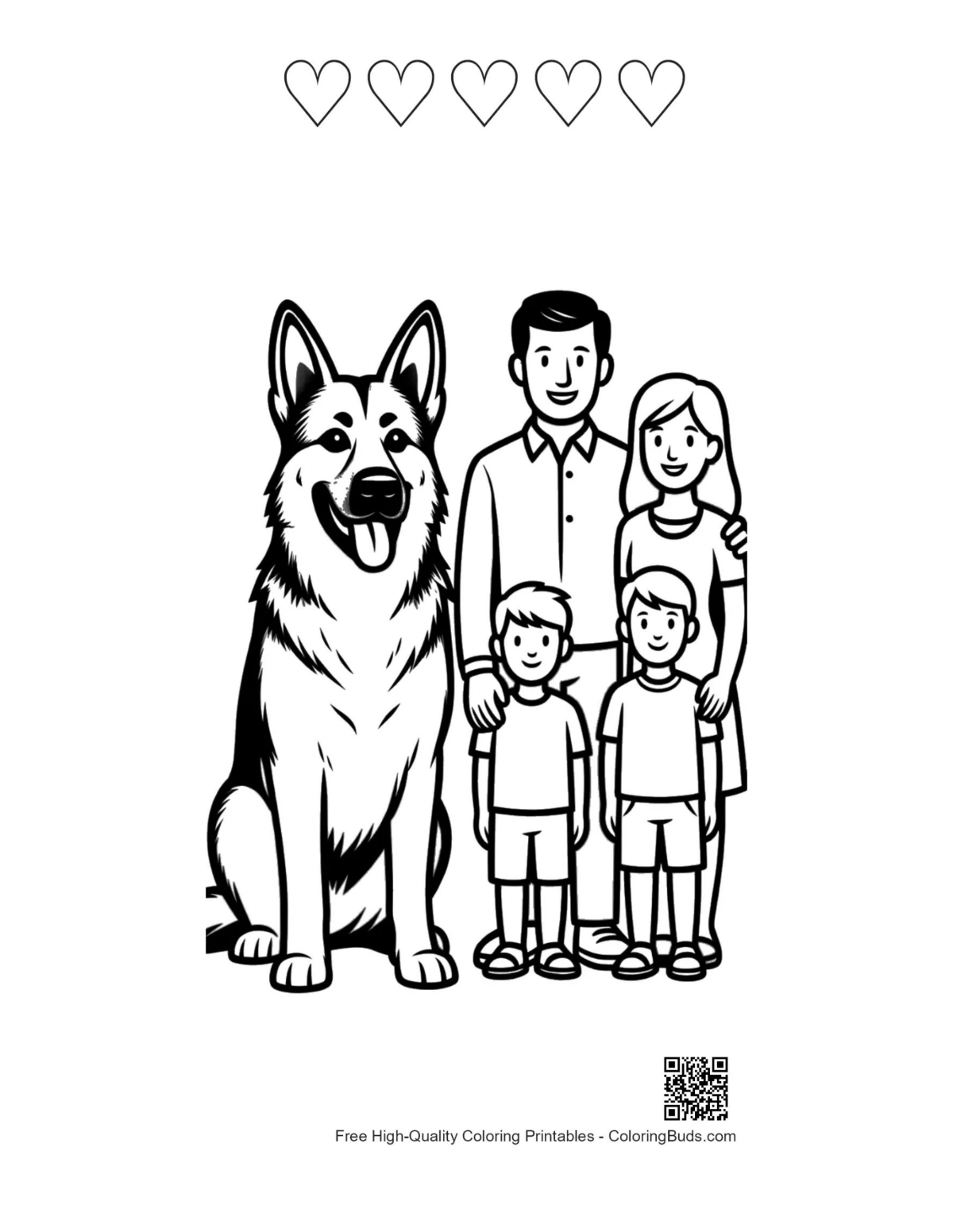 German Shepherd family 5-heart outline page