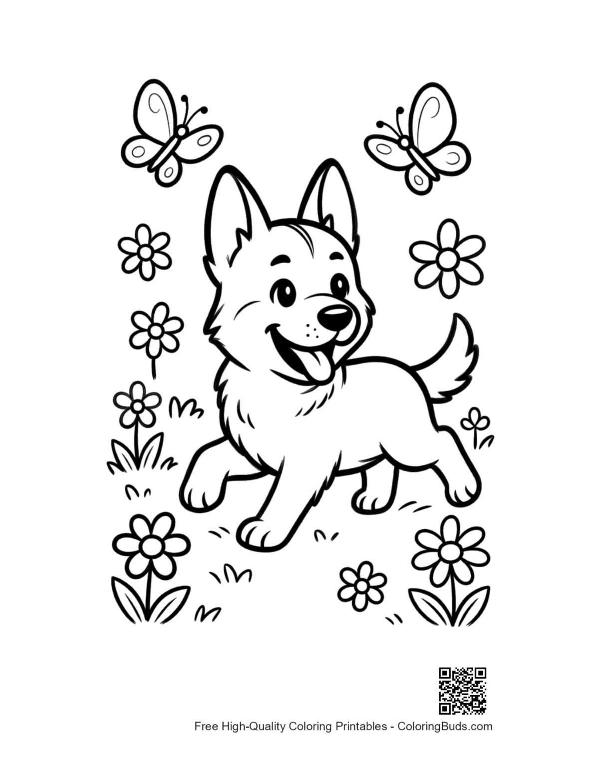 Happy German Shepherd puppy meets butterfly printable