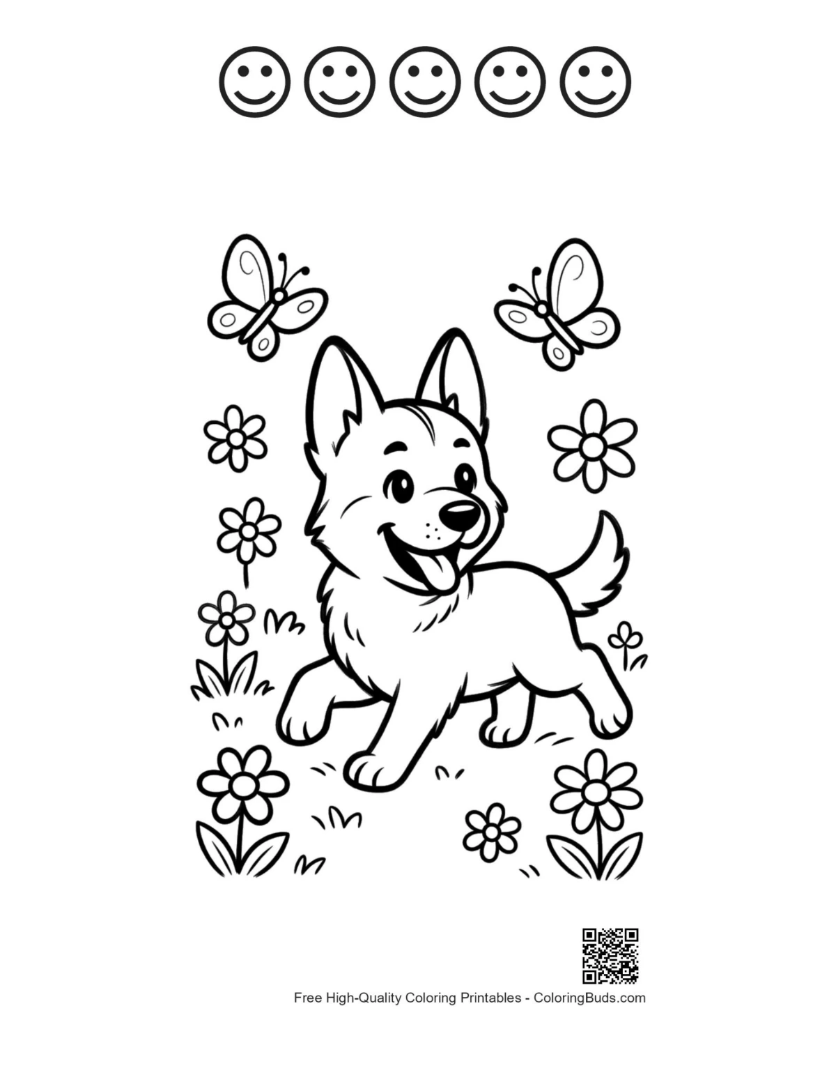Puppy butterfly printable with 5 happy faces