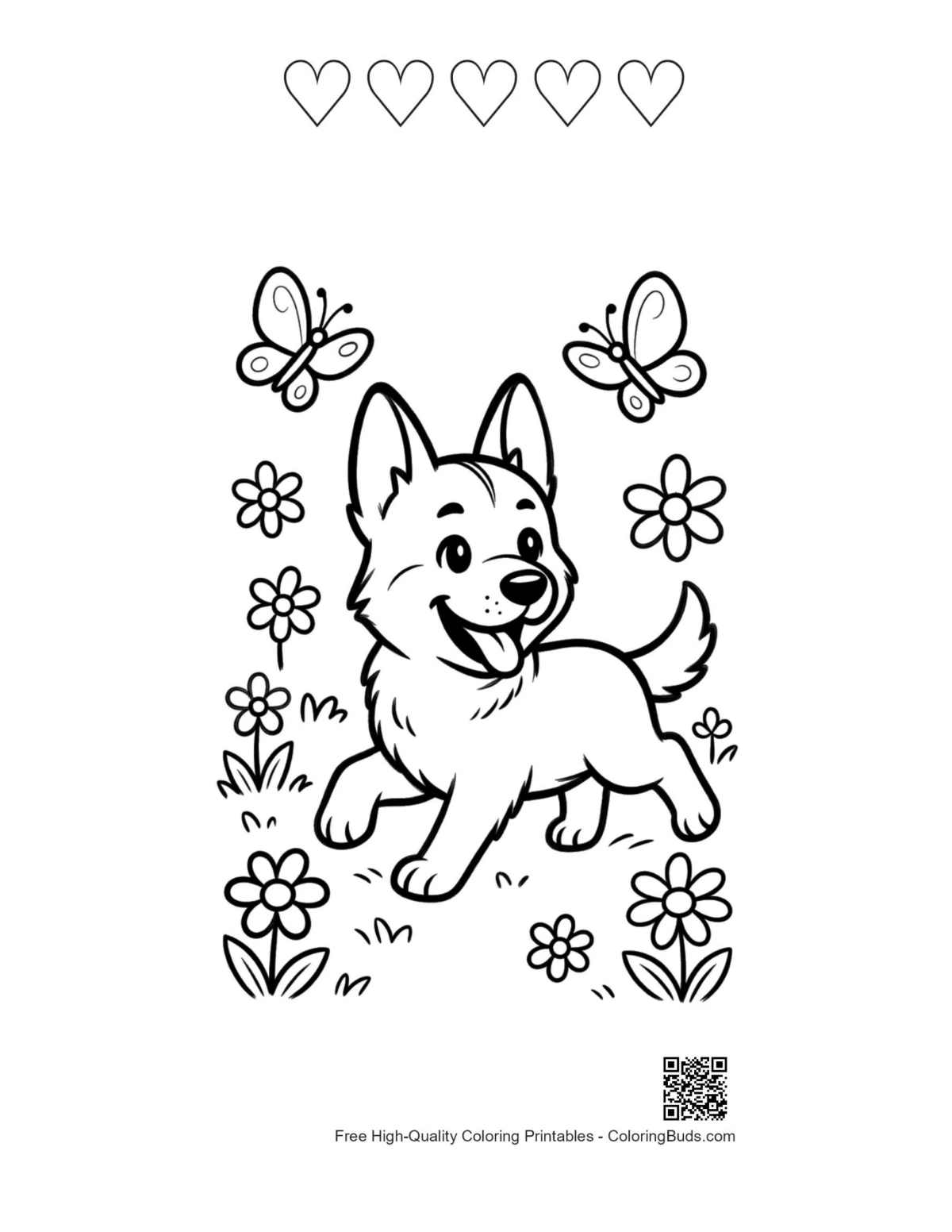 Printable German Shepherd with butterfly and hearts