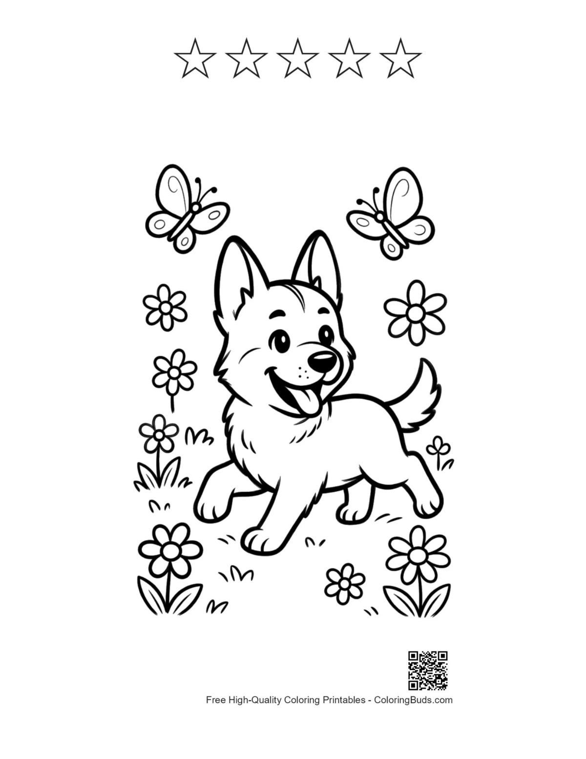 German Shepherd puppy printable with 5-star outlines