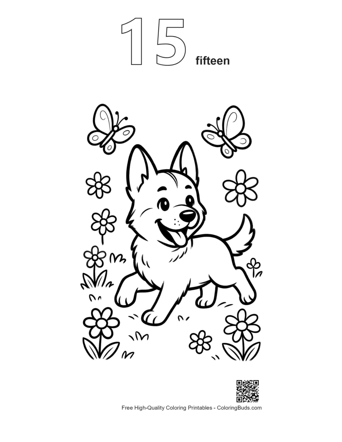 Outline #15: German Shepherd puppy butterfly coloring page
