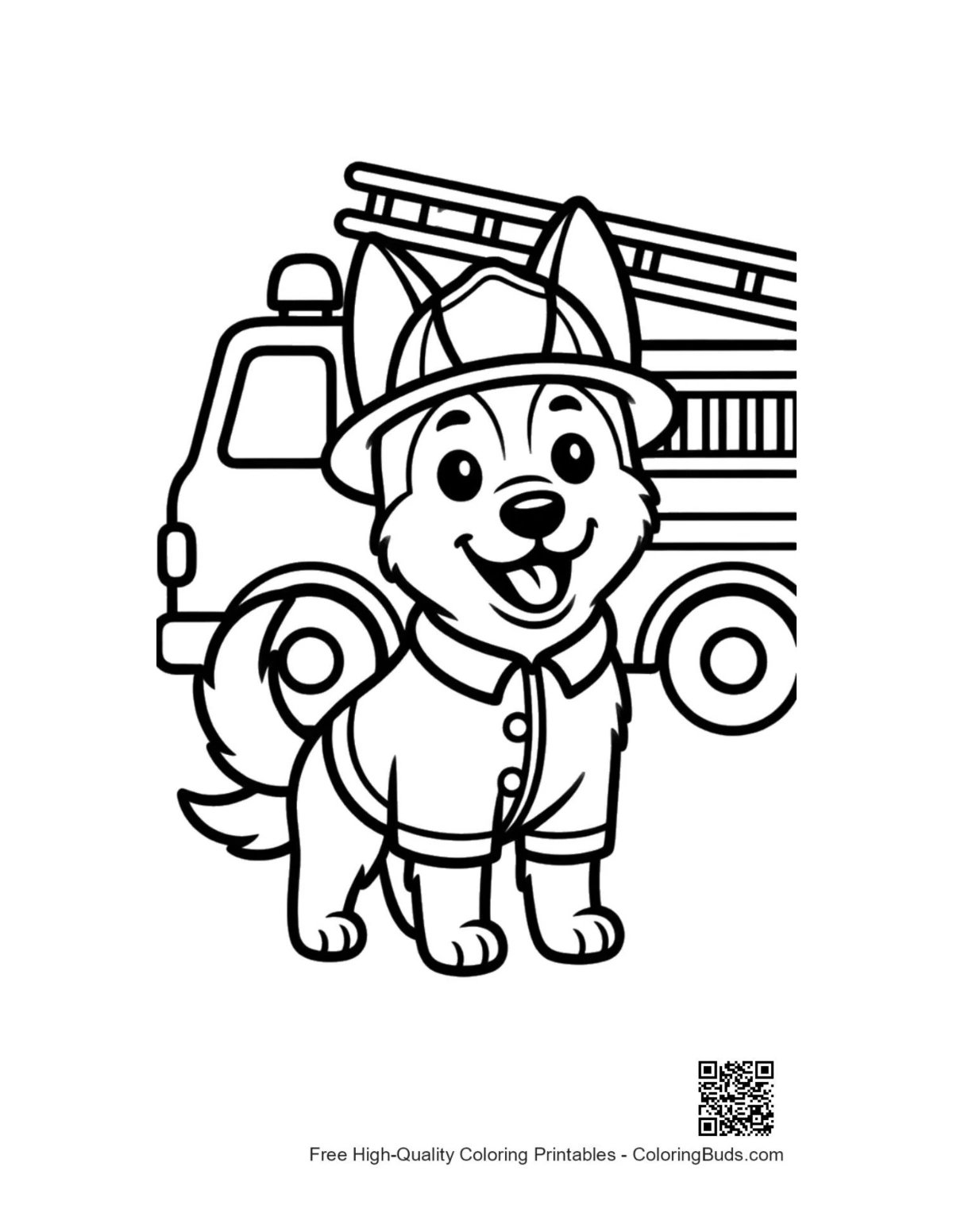 Heroic German Shepherd puppy by fire engine coloring printable