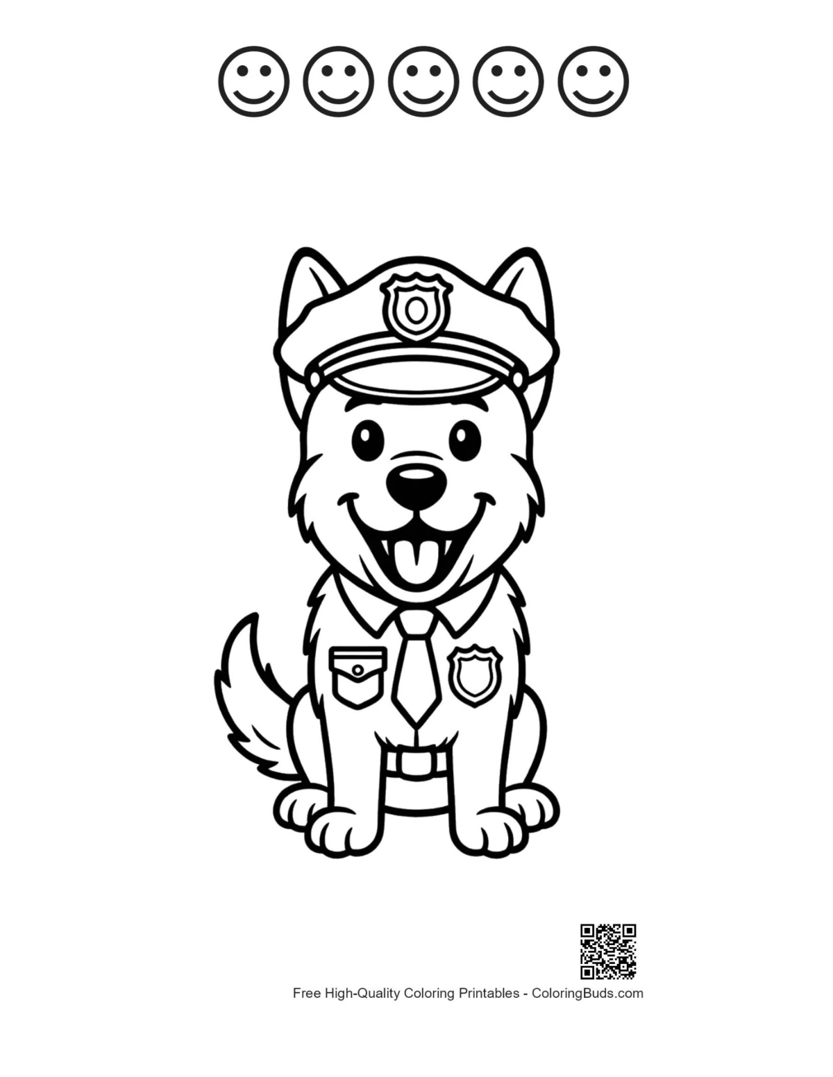 Puppy police cap coloring page with 5 happy faces outline