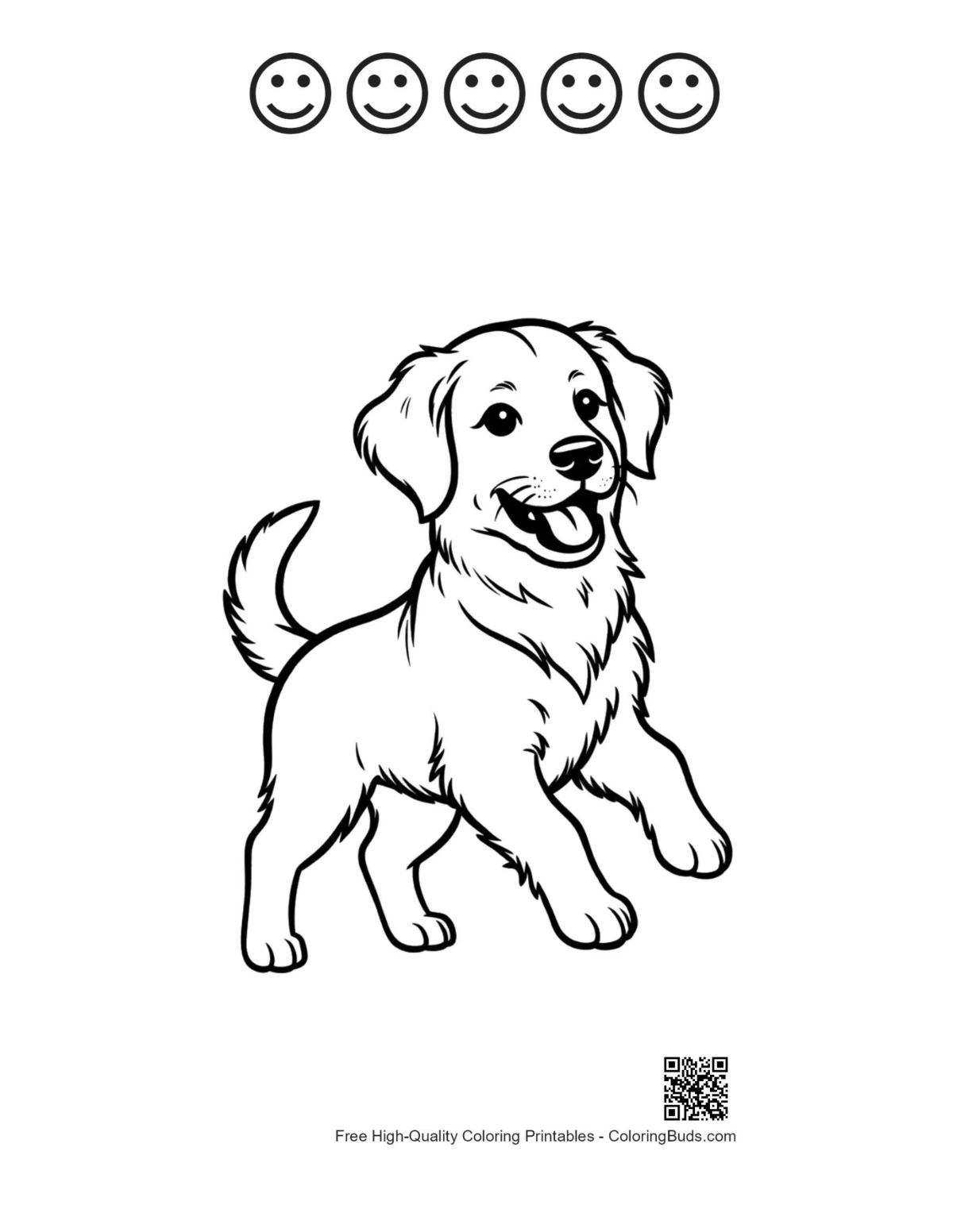 Golden retriever puppy meadow run with 5 happy faces outline printable