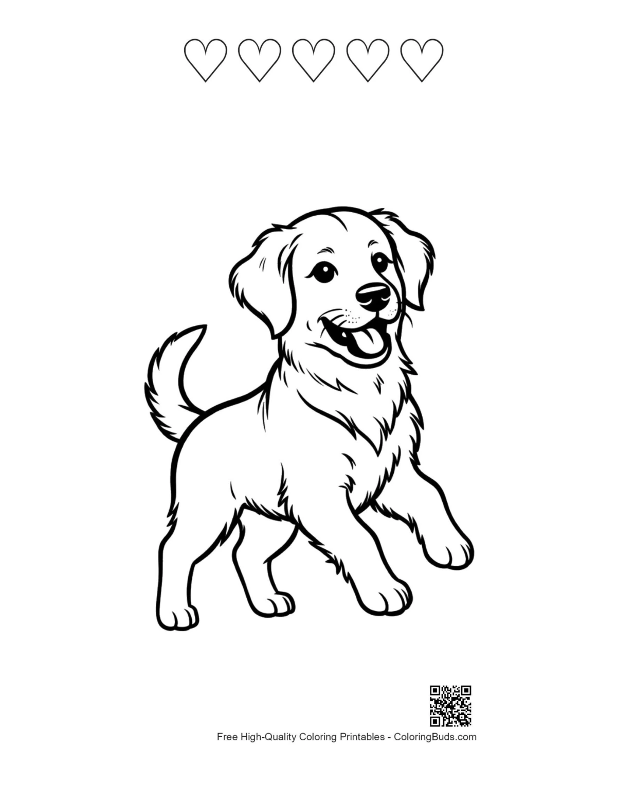 Golden retriever puppy running meadow with 5 heart outlines coloring sheet