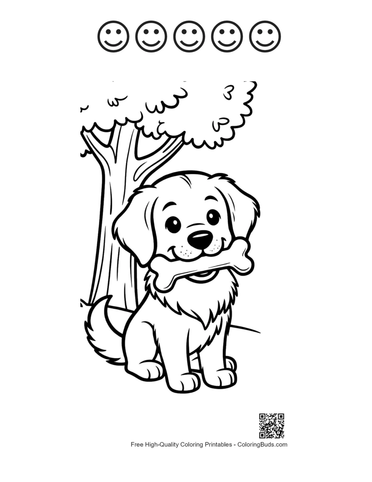 Retriever coloring sheet with 5 happy faces