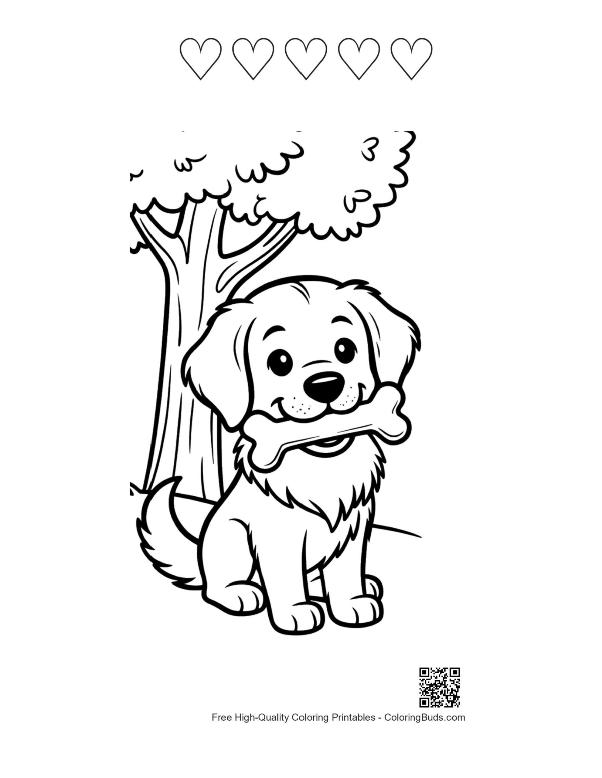 Golden Retriever printable with 5 heart outlines