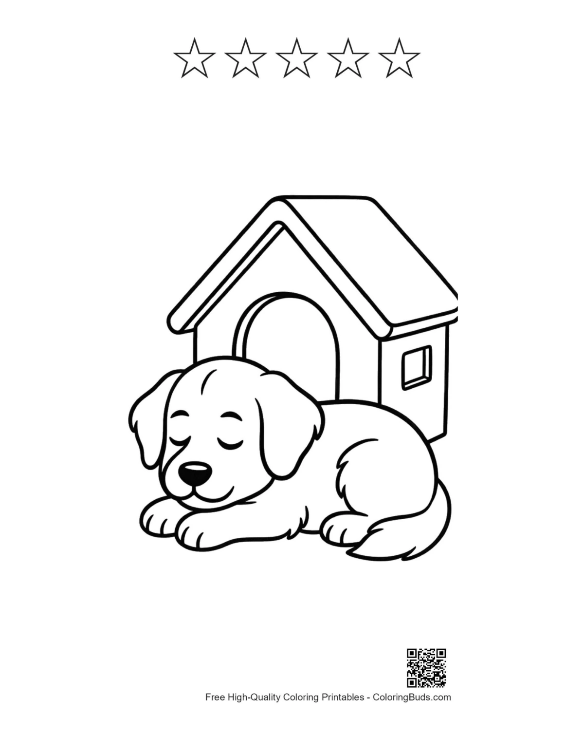 Puppy sleeping printable with 5 star outlines