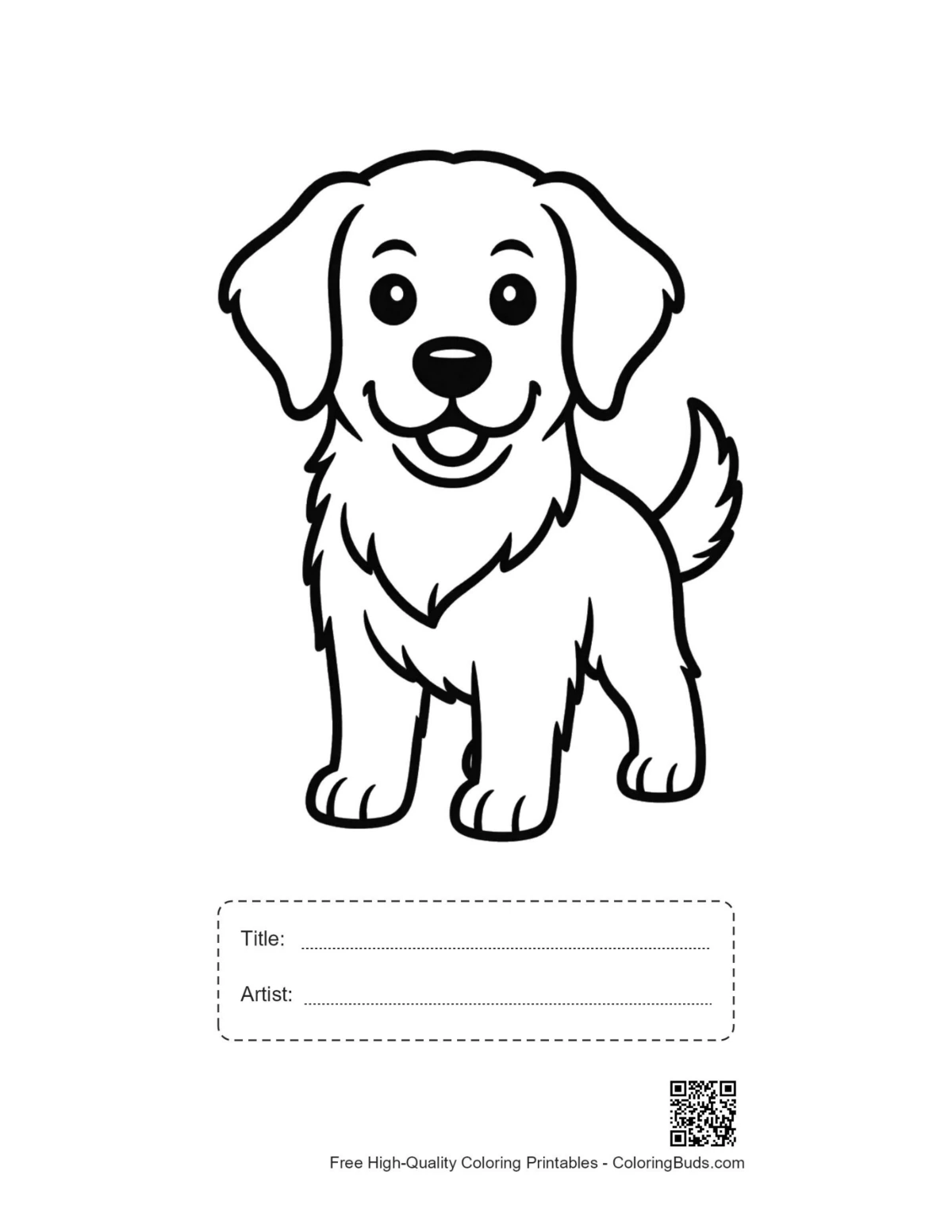 Golden Retriever Ausmalbild mit Titel Künstlerfeld zum Drucken