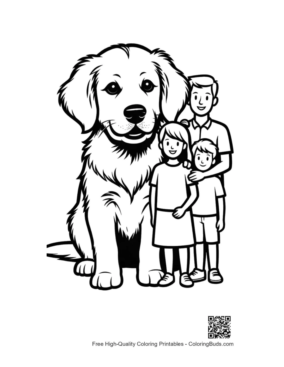 Giant Golden Retriever puppy with family coloring page