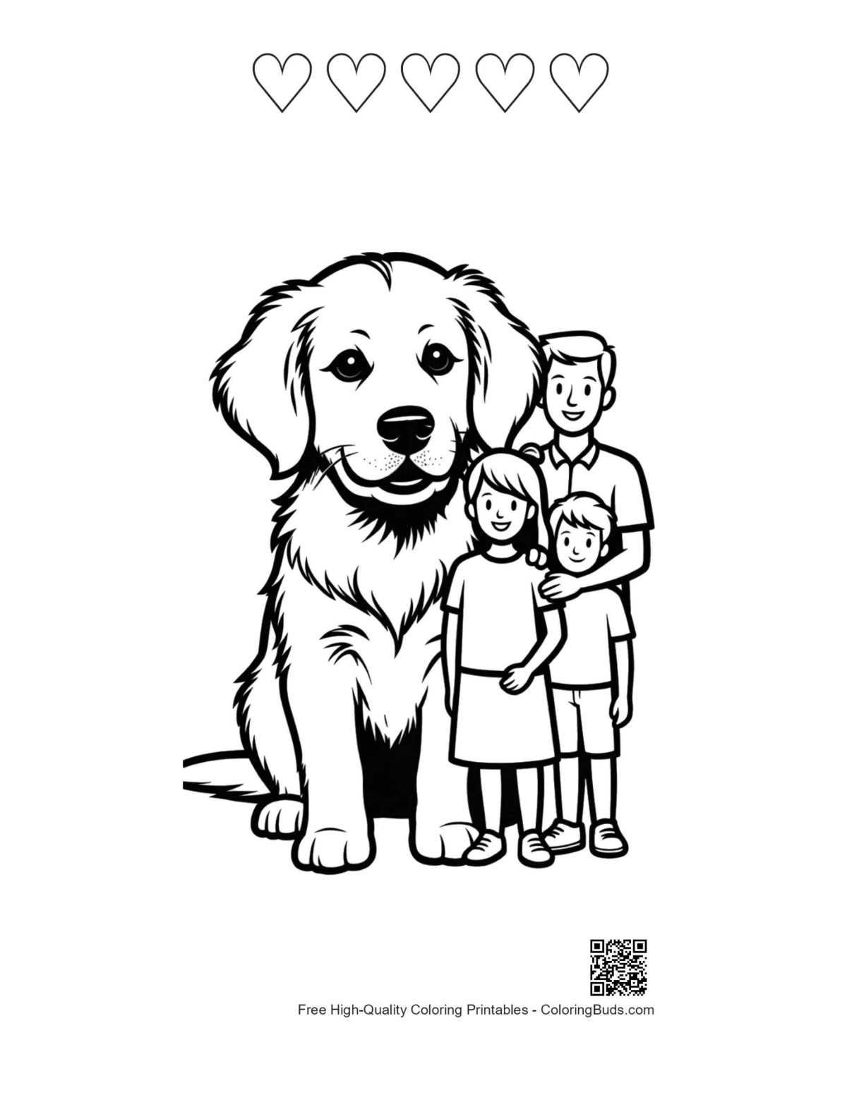 Giant Golden Retriever hearts outline coloring page
