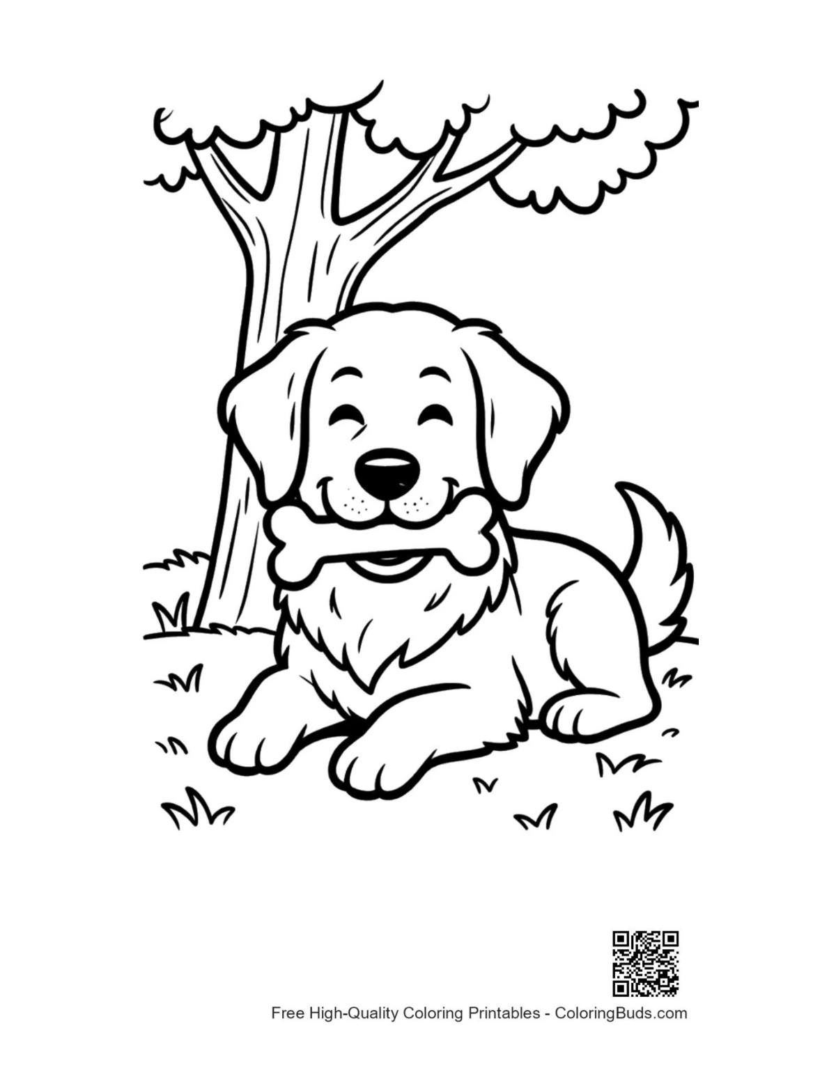Golden retriever puppy resting under tree printable coloring page