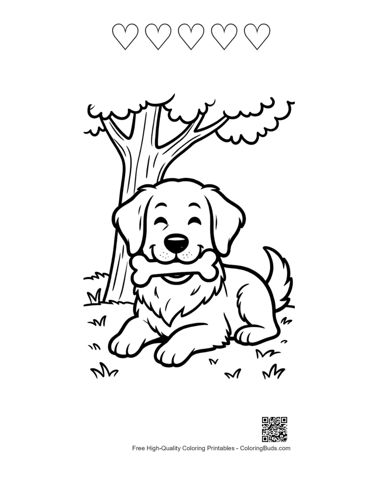Golden retriever puppy under tree with 5 heart outlines printable