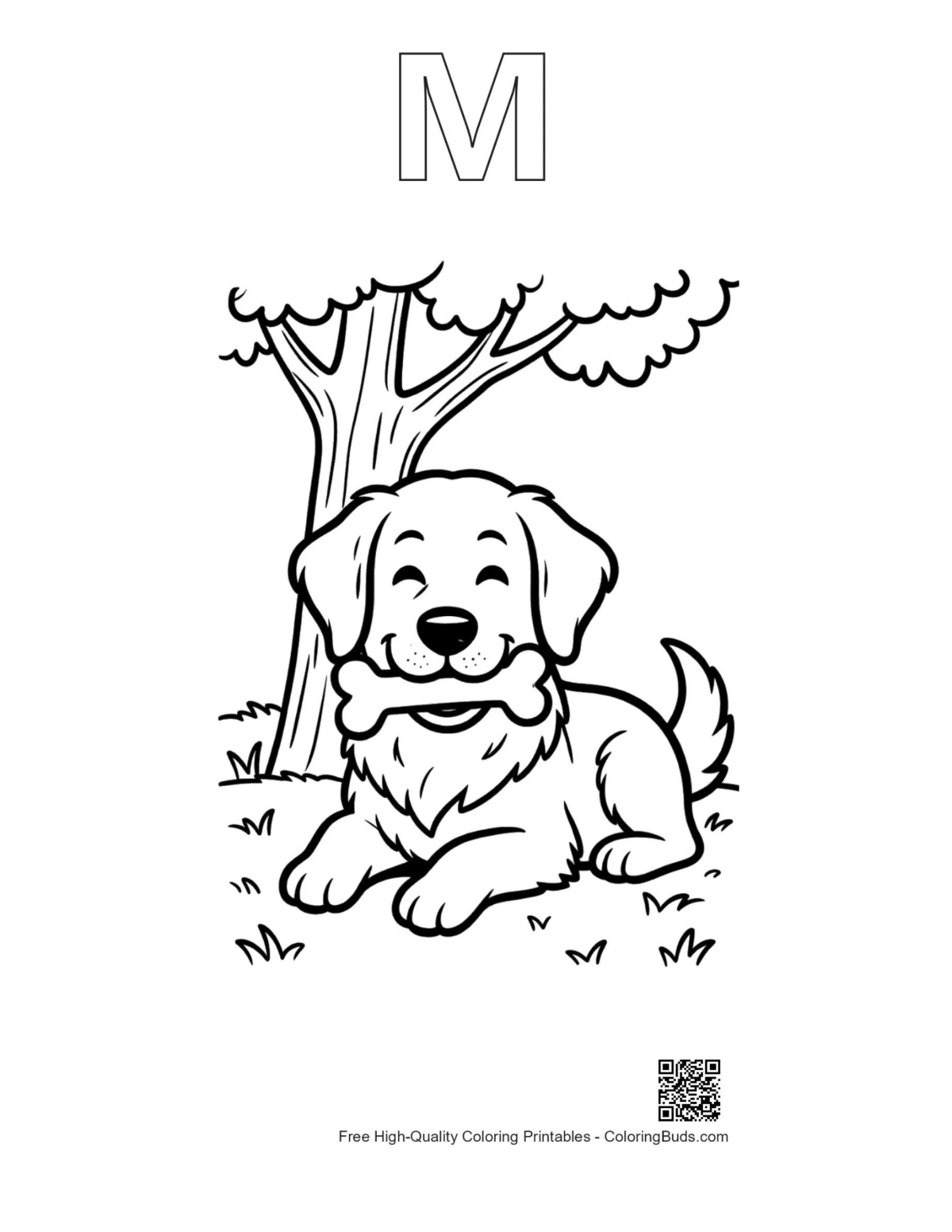 Golden retriever puppy tree outline with alphabet M coloring printable