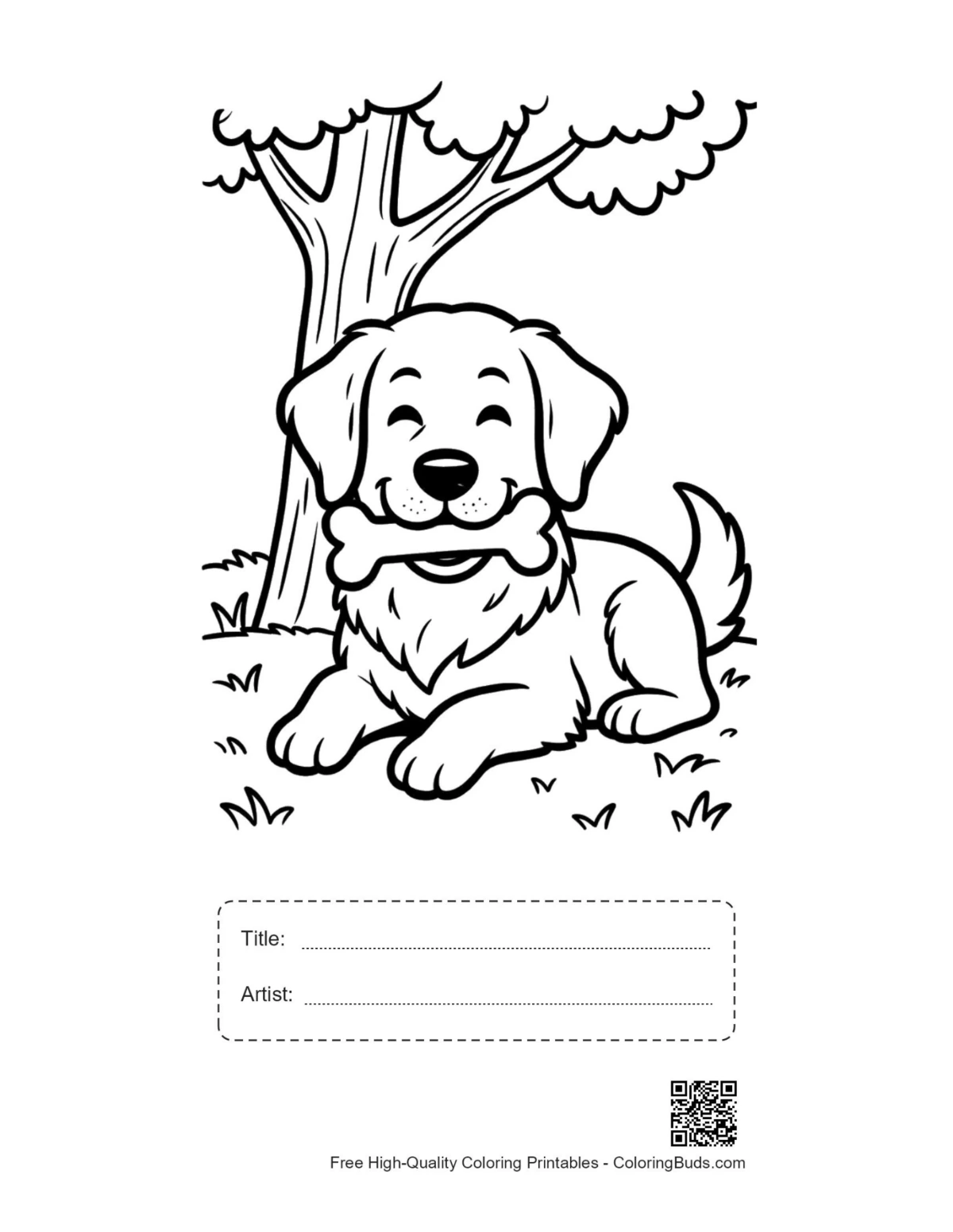 Golden retriever puppy under tree printable with title artist box