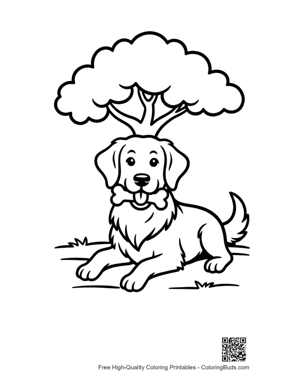 Golden retriever puppy under large tree coloring page