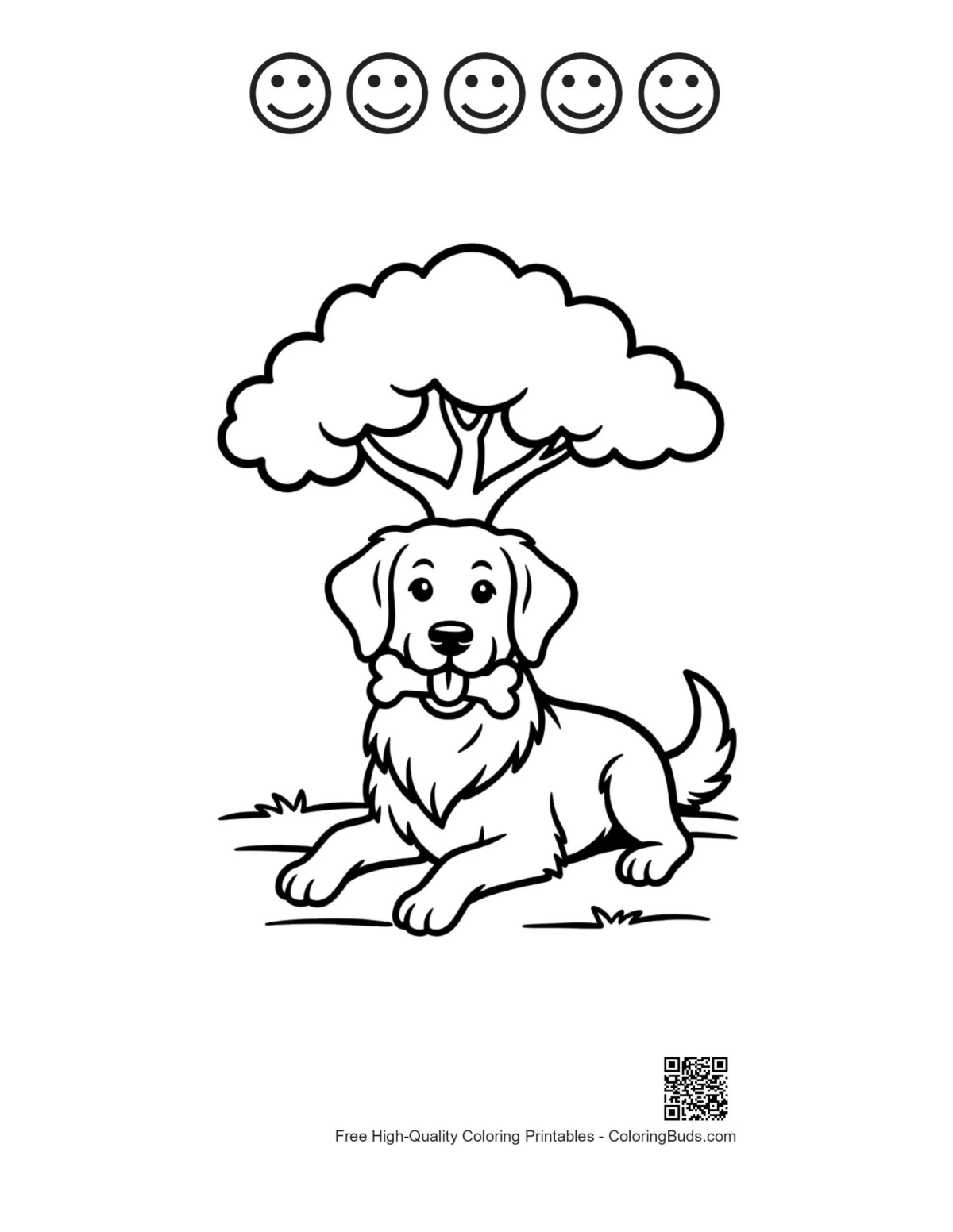 Puppy under tree with 5 happy faces outline