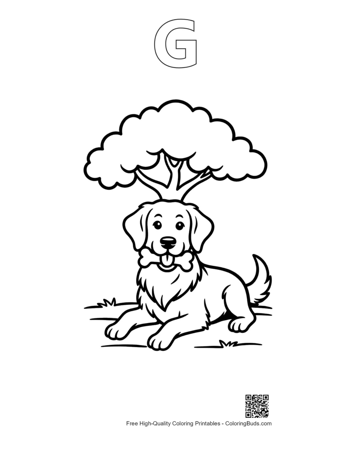 Puppy under tree with alphabet G outline coloring page